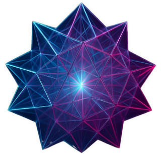 An enhanced cutout of a complex multi-faceted ten point purple and blue multi-dimensional object with a white center is used as a bullet point.