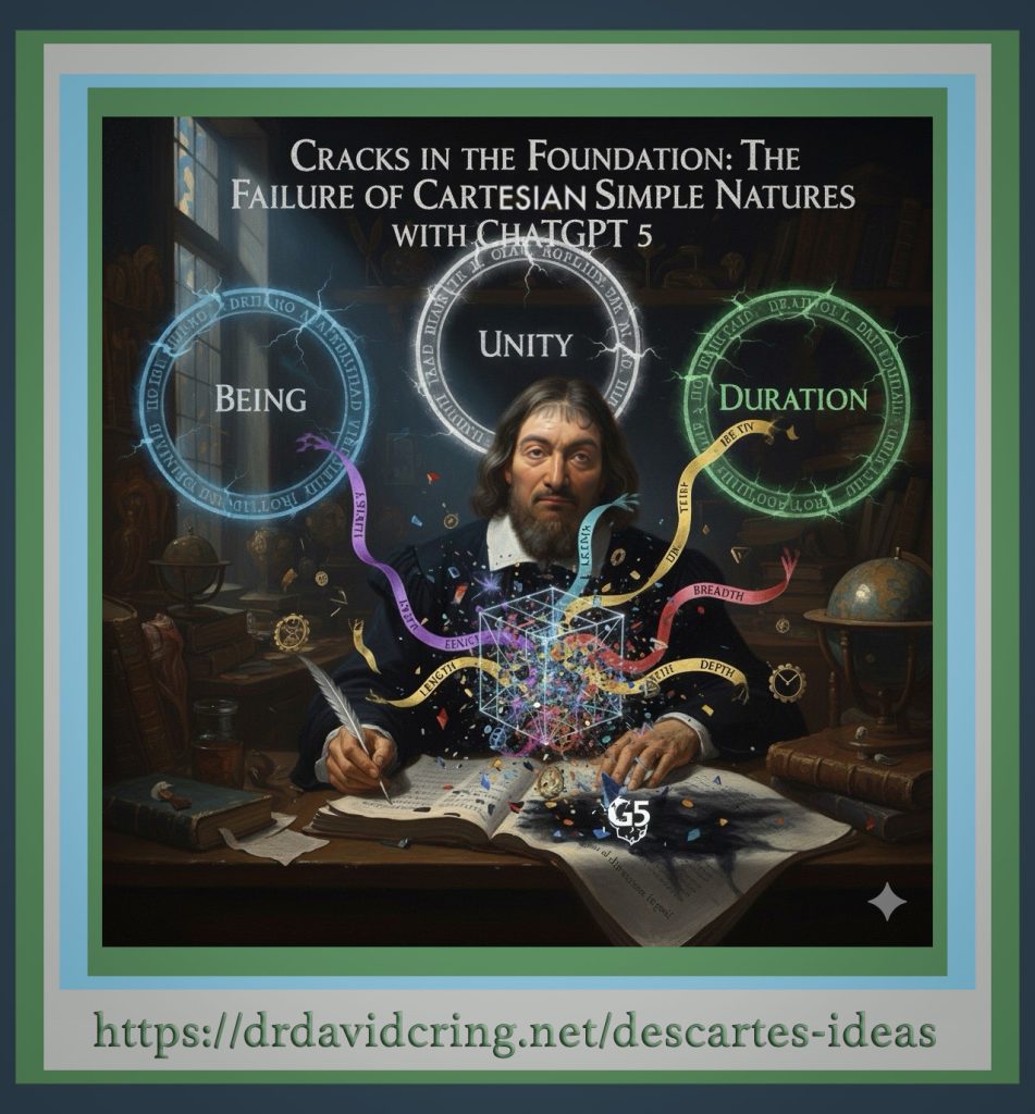 A quintuple-framed, AI-generated, colorful, and hyperrealistic image by Google’s Gemini 2.5 Pro, featuring three circles with Descartes sitting centered underneath them, writing in an open book, with a light gray bottom frame containing the DTOI URL, is used as the featured image.