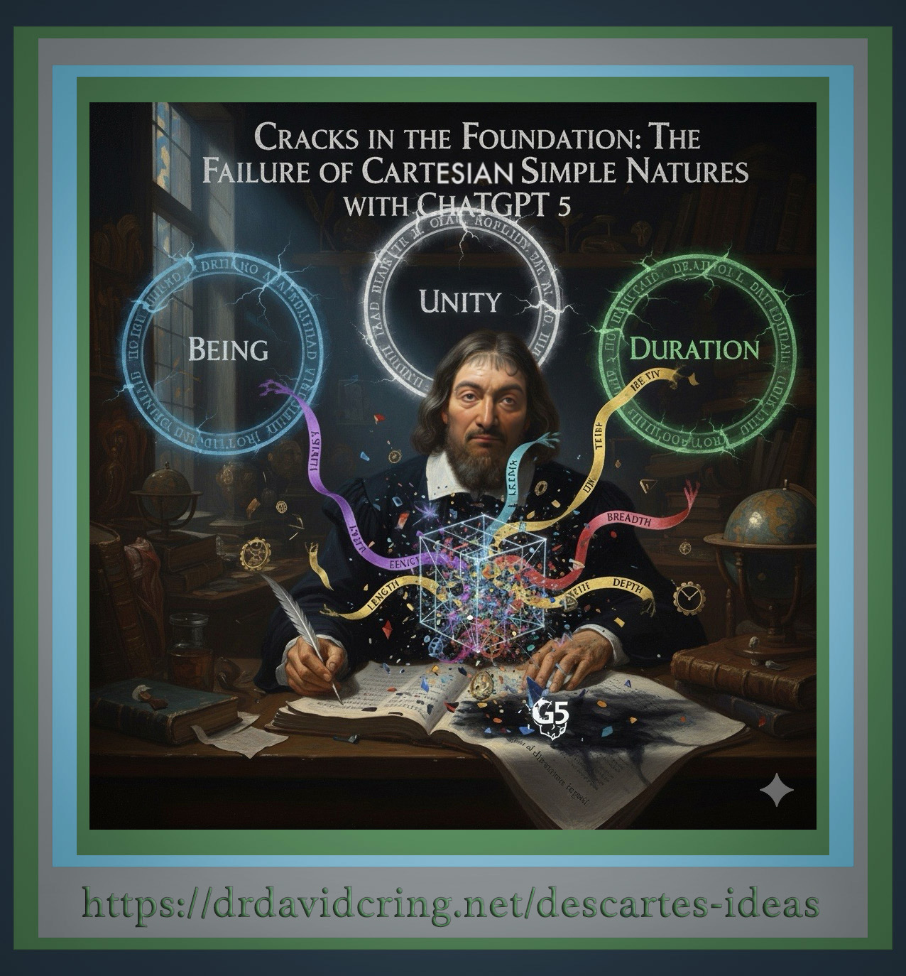 A quintuple-framed, AI-generated, colorful, and hyperrealistic image by Google’s Gemini 2.5 Pro, featuring three circles with Descartes sitting centered underneath them, writing in an open book, with a darker gray bottom frame containing the DTOI URL, is used as a secondary featured image.
