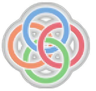 An enhanced cutout of four interlocking colored circles, in orange, blue, red, and green, with a gray background, is used as a bullet point.