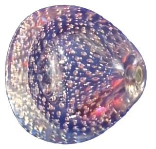 An enhanced photographic cutout of a transparent lavender glass bauble with uniformly distributed air bubbles, shaped to a dull, wide point pointing to the right, is used as a bullet point.