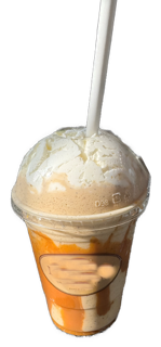An enhanced photographic cutout of a Porto’s plastic cup with a domed plastic cover and a white straw, featuring a caramel-colored and white, thick drink, is used as a bullet point.