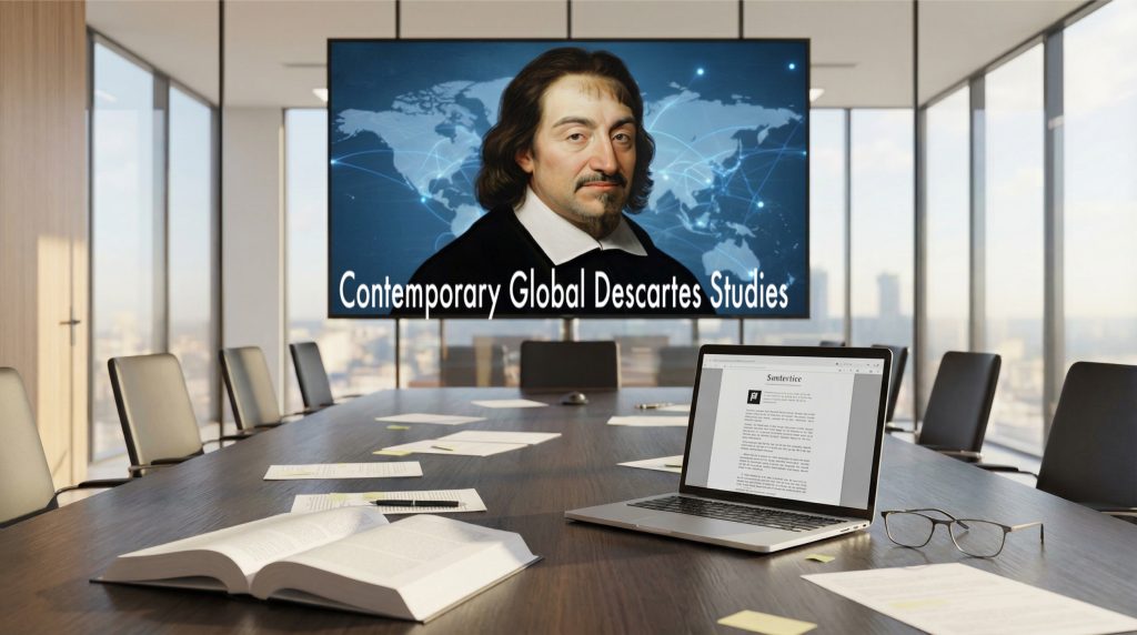 An enhanced colorized AI generated image by ChatGPT 5.1 using nano banana of a modern empty boardroom with a large table where ON the back wall is a screen with Descartes's head and shoulders in color with a global world map transparent in the background is used as a featured image.