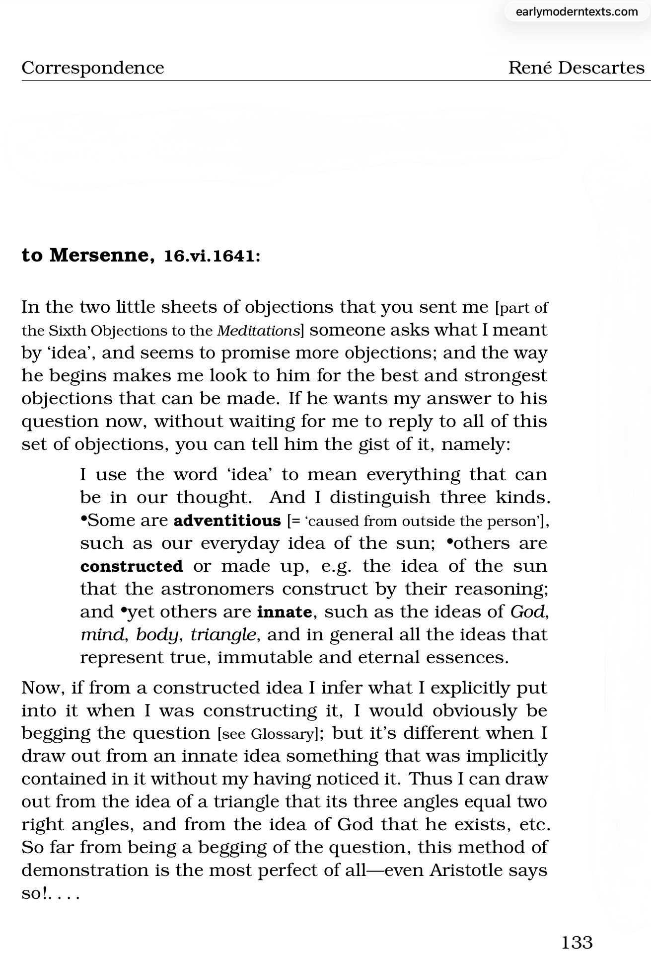 A screenshot of a page translated by Jonathan Bennett  from René Descartes’ letter to Mersenne (16 June 1641) shows him defining “idea” and distinguishing three kinds — adventitious, constructed, and innate — while explaining how innate ideas contain implicit truths that can be drawn out through analysis.