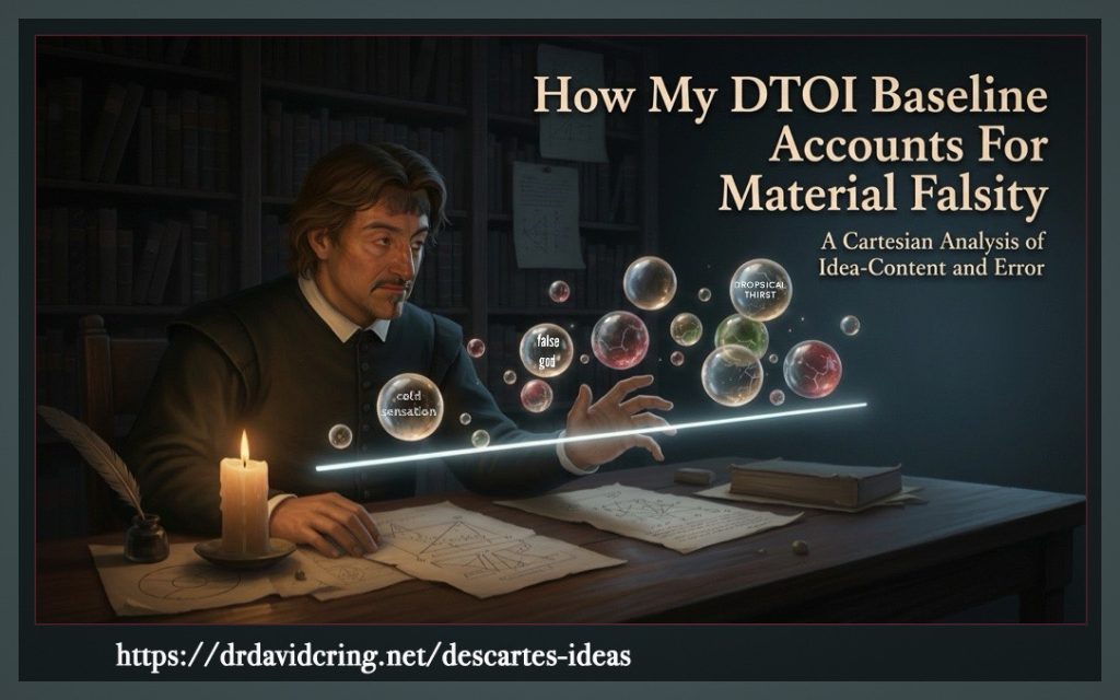 A framed with a white DTOI URL AI-generated graphic by Nano Banana Pro depicting a face-substituted René Descartes on the left, seated at his desk with translucent spheres floating above a bright white line to his right, with the post title in the upper right corner, is used as the featured image.