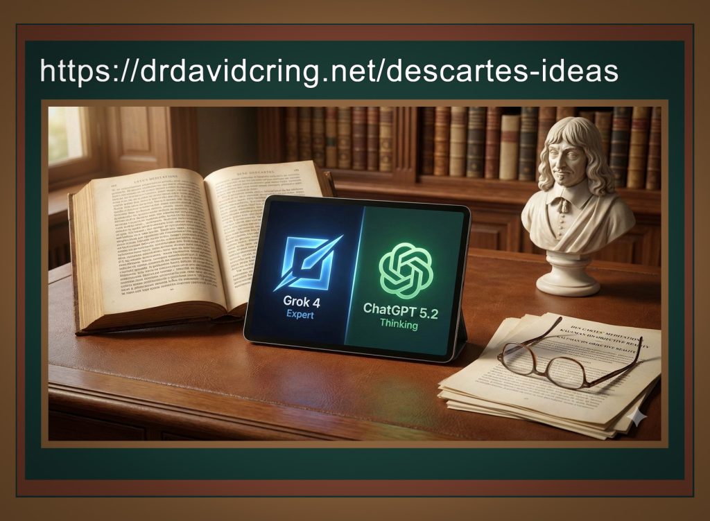 A framed with DTOI URL of an AI-generated hyperrealistic image of a brown desk upon which sits left to right an open book propped up then a tablet also standing up with the logo’s for Grok 4 (Expert) and ChatGPT 5.2 Thinking then a bust of Descartes behind to the right. Lastly, manuscript pages with glasses rest upon them with a book case filled with mostly brown spibed books in the background is used as a featured image.