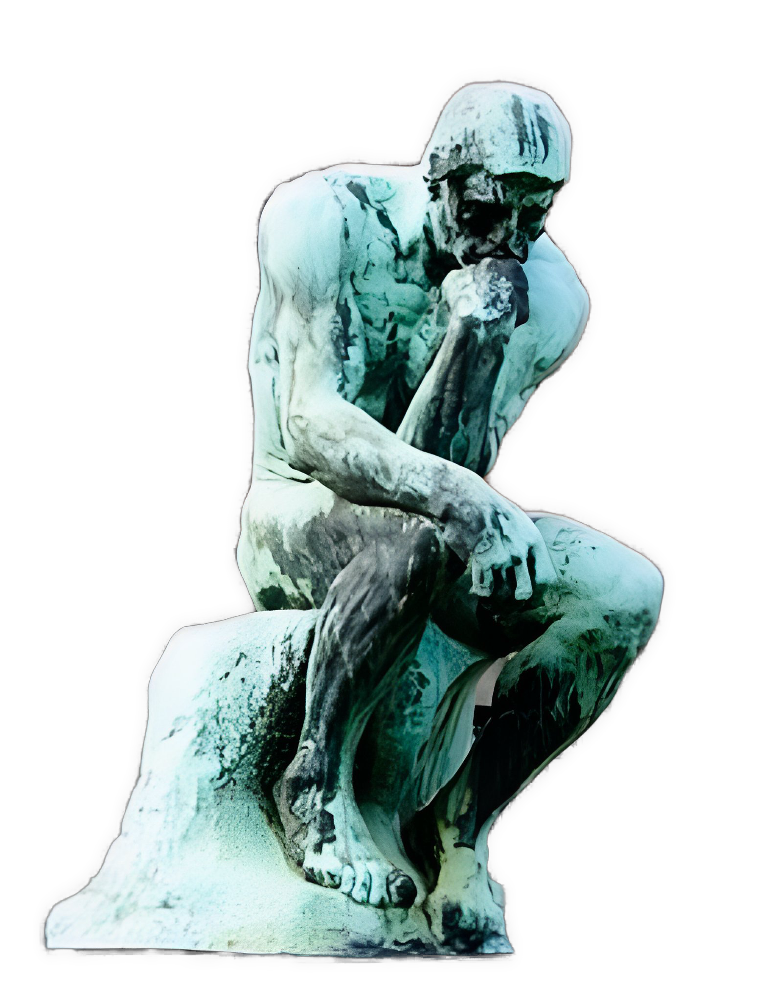 An enhanced photographic cutout of Rodin’s “The Thinker” in aqua and white, partially turned toward the viewers' left, is used as a bullet point.