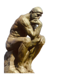 An enhanced photographic cutout of Rodin’s “The Thinker” in yellowy bronze, and seen in right profile, is used as a bullet point.