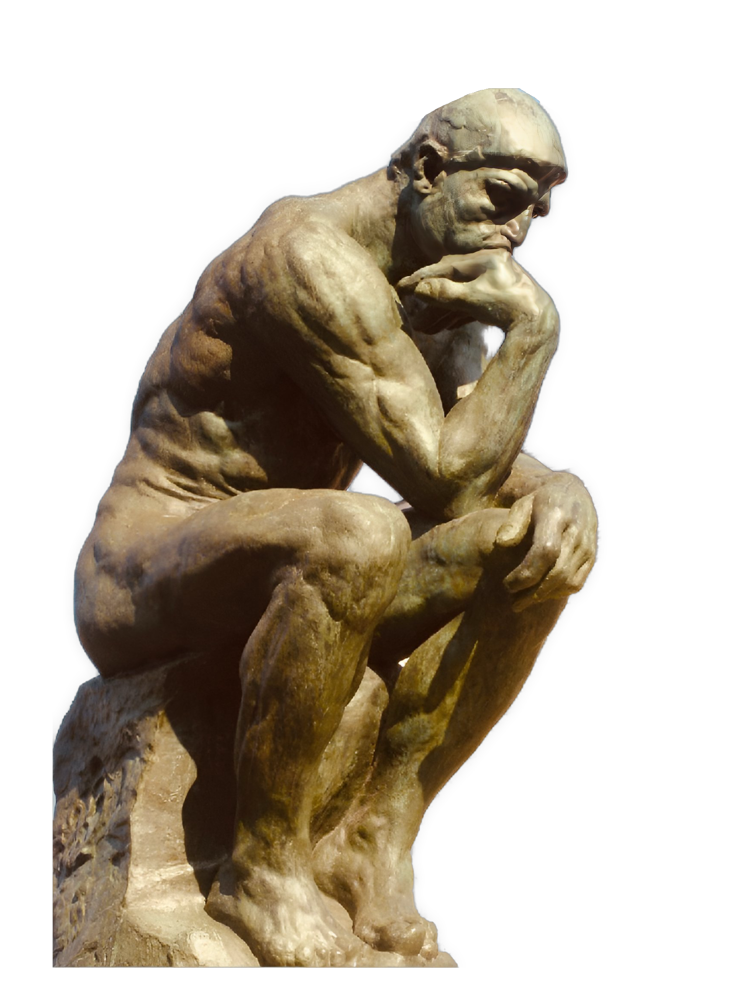 An enhanced photographic cutout of Rodin’s “The Thinker” in yellowy bronze, and seen in right profile, is used as a bullet point.