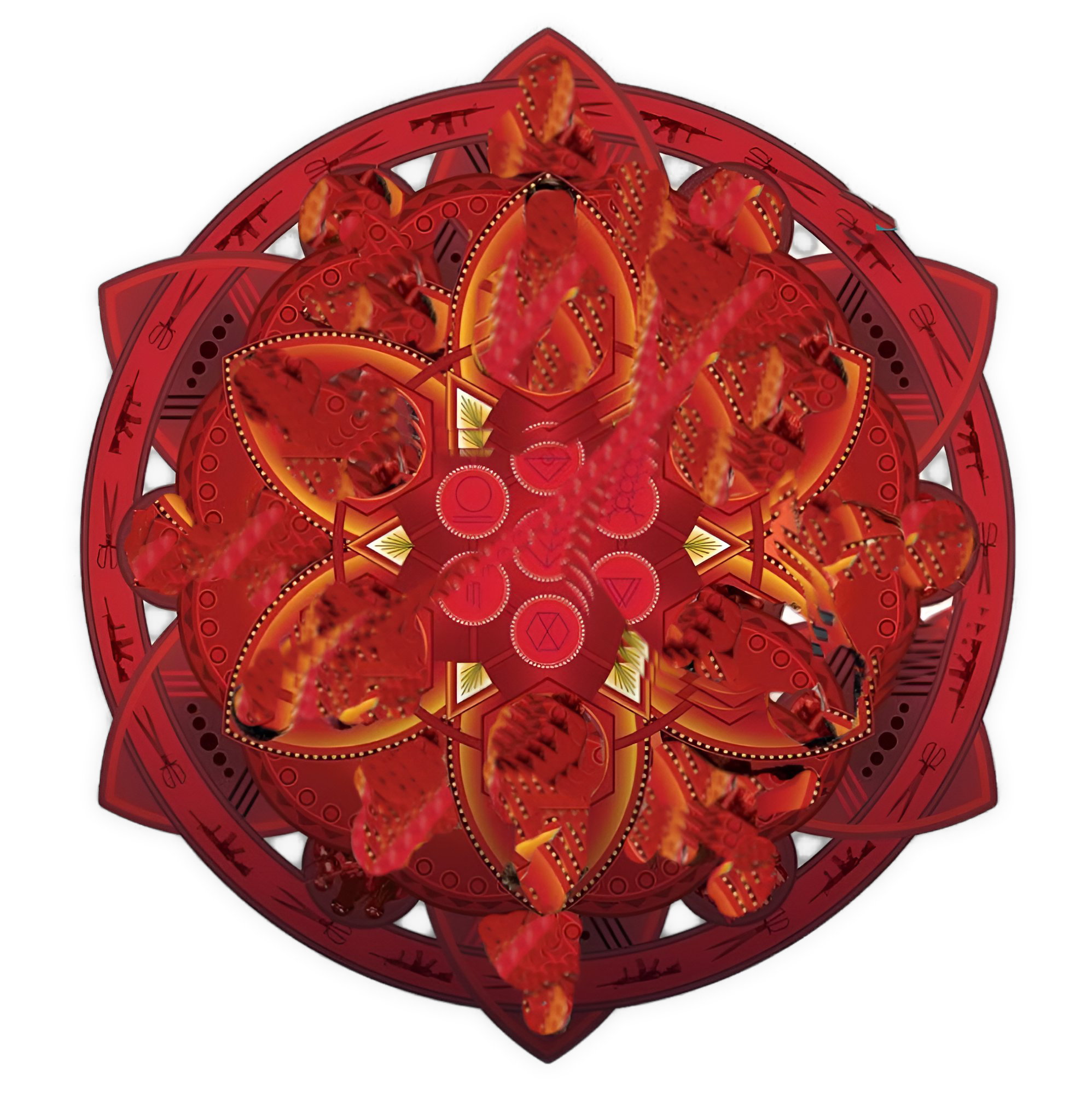 An enhanced photographic cutout of a red mandala symbol with six points is used as a bullet point.