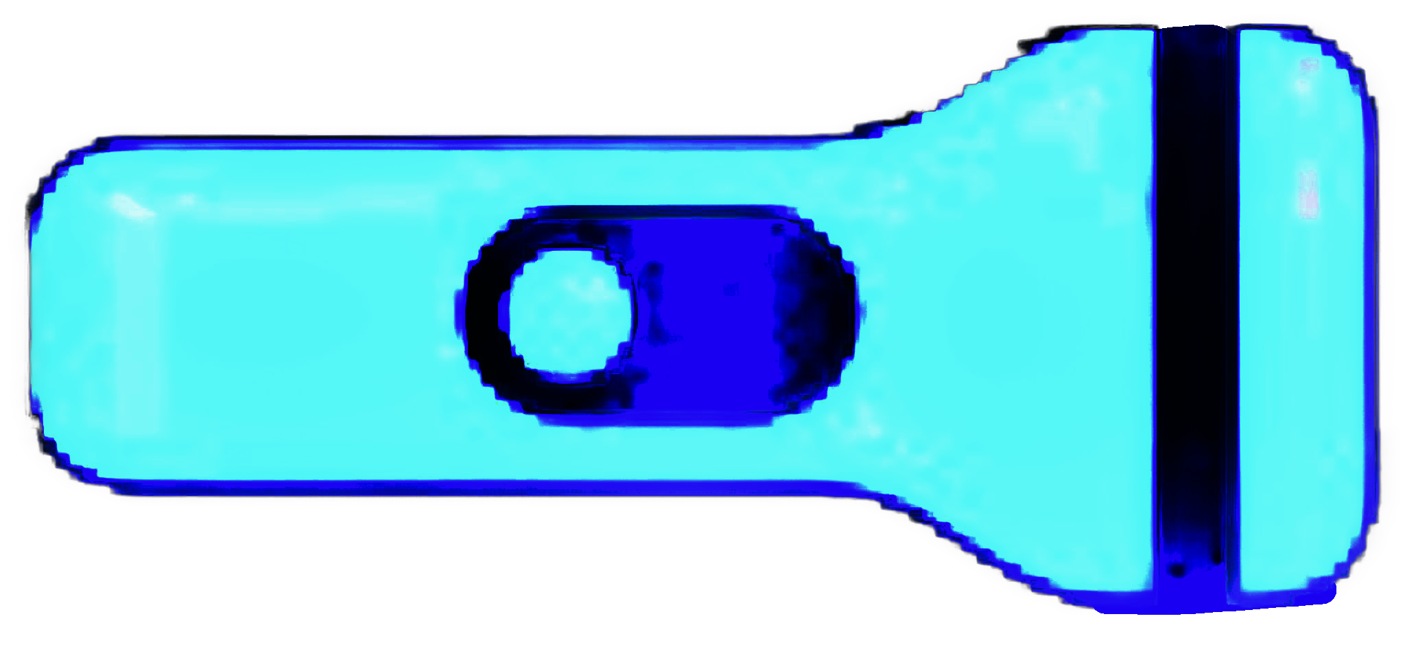 An enhanced drawing of an aqua flashlight with a colorful blue switch and a black stripe centered in the head, lying on its side with the head facing to the right, is used as a bullet point.