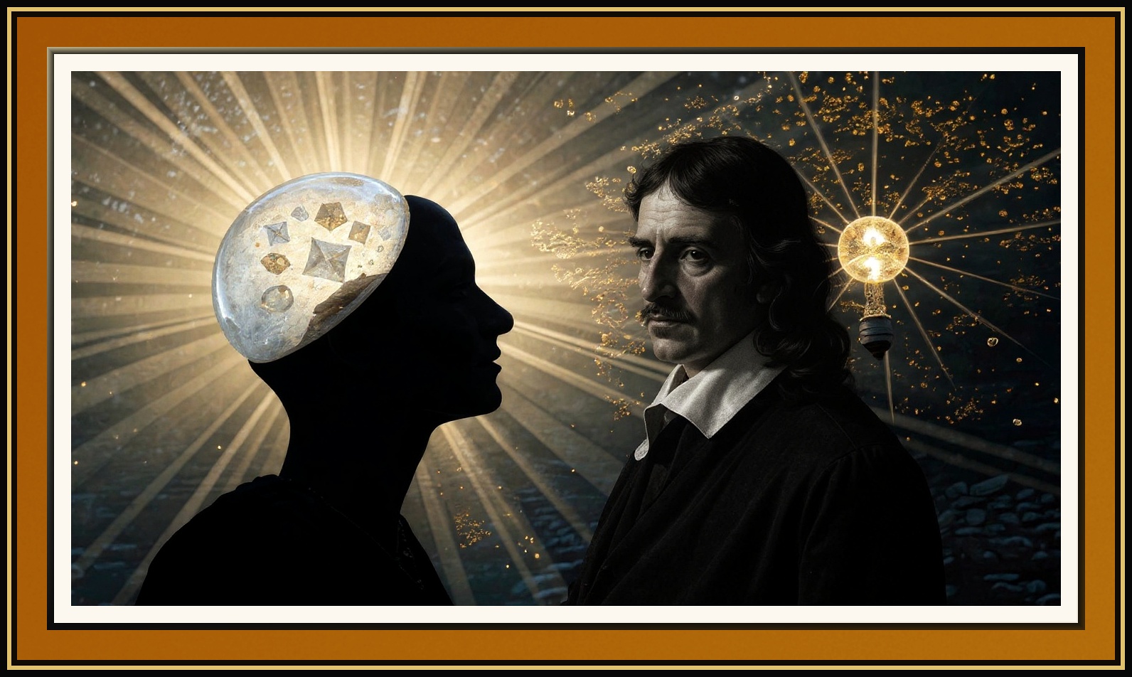 An AI-generated by Flux.1 Kontext of a framed image of a dark silhouette of a man in right profile looking toward René Descartes with a luminous lightbulb projecting light lines behind and to the right of Descartes.