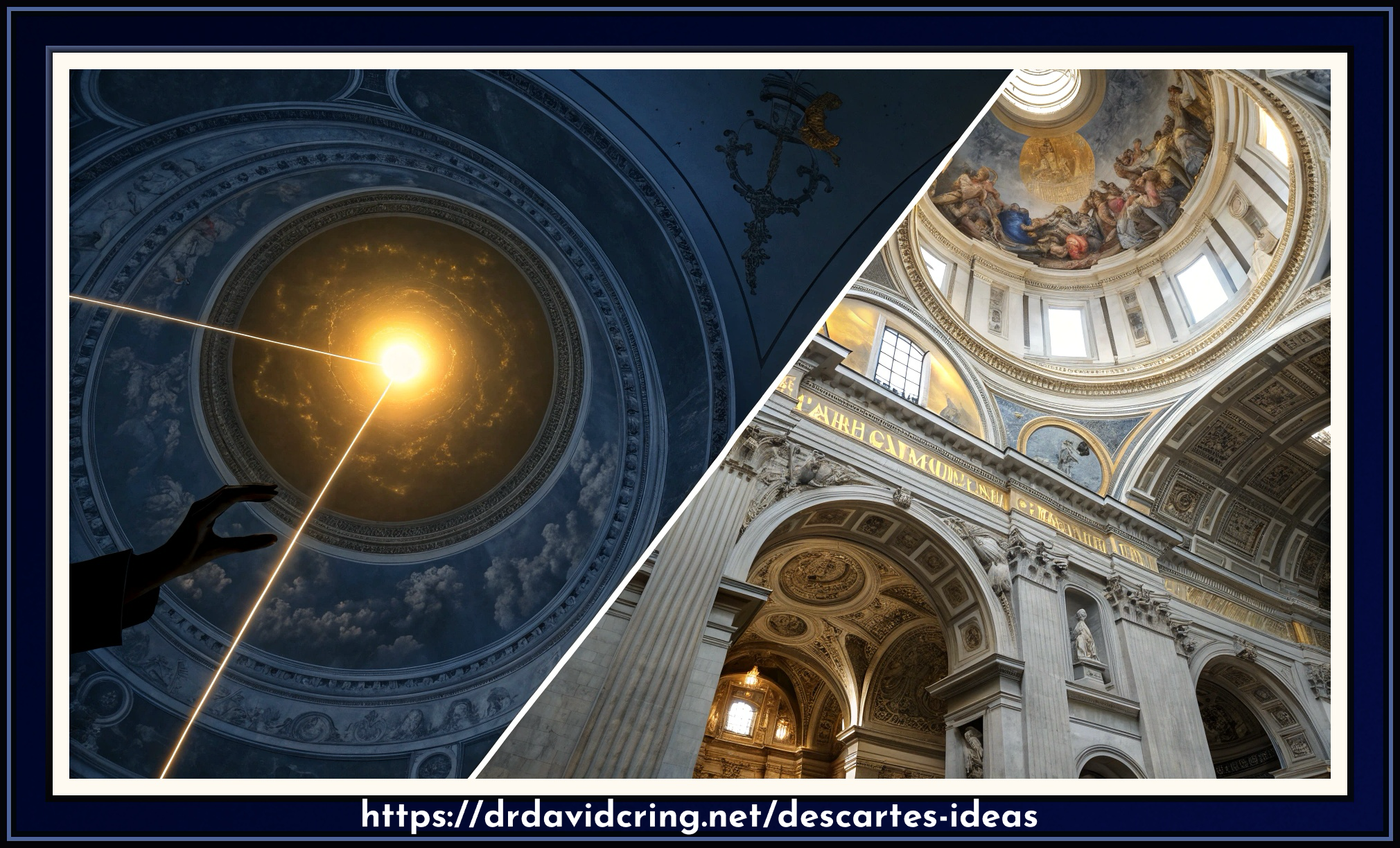 An AI-generated graphic by Recraft under Claude Sonnet Haiku of a dark blue framed dyptich of a shadowed arm reaching up to a dark blue coved ceiling on the left, with a diagonal split, and on the right is a view looking up into a white room with a circular cupola at the top with windows at the bottom and a circular mural above the windows. 