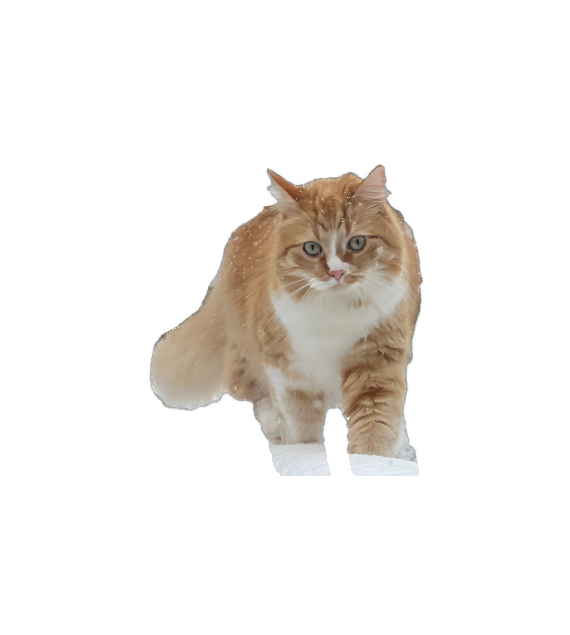 An enhanced photographic cutout of Alex’s cat walking towards the viewer in the snow is used as a bullet point.