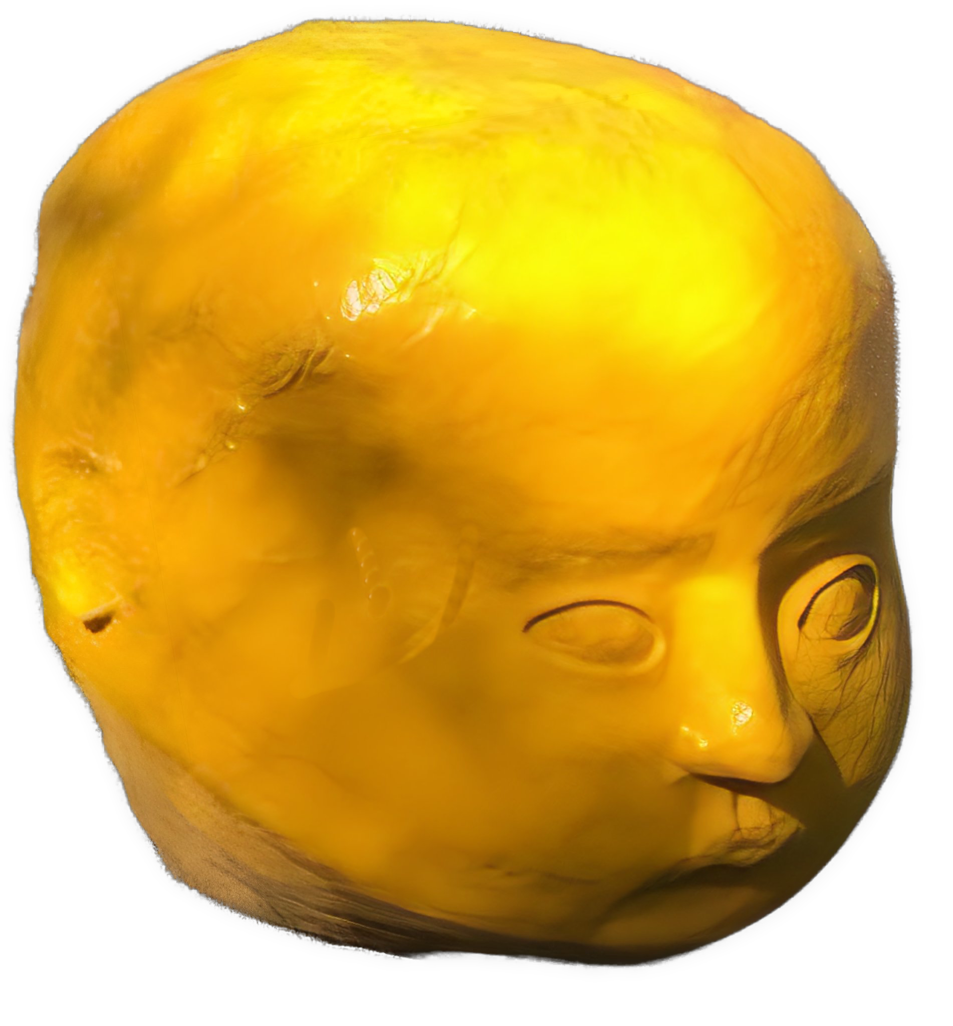 An enhanced photographic cutout of a big yellow clay head is used as a bullet point.