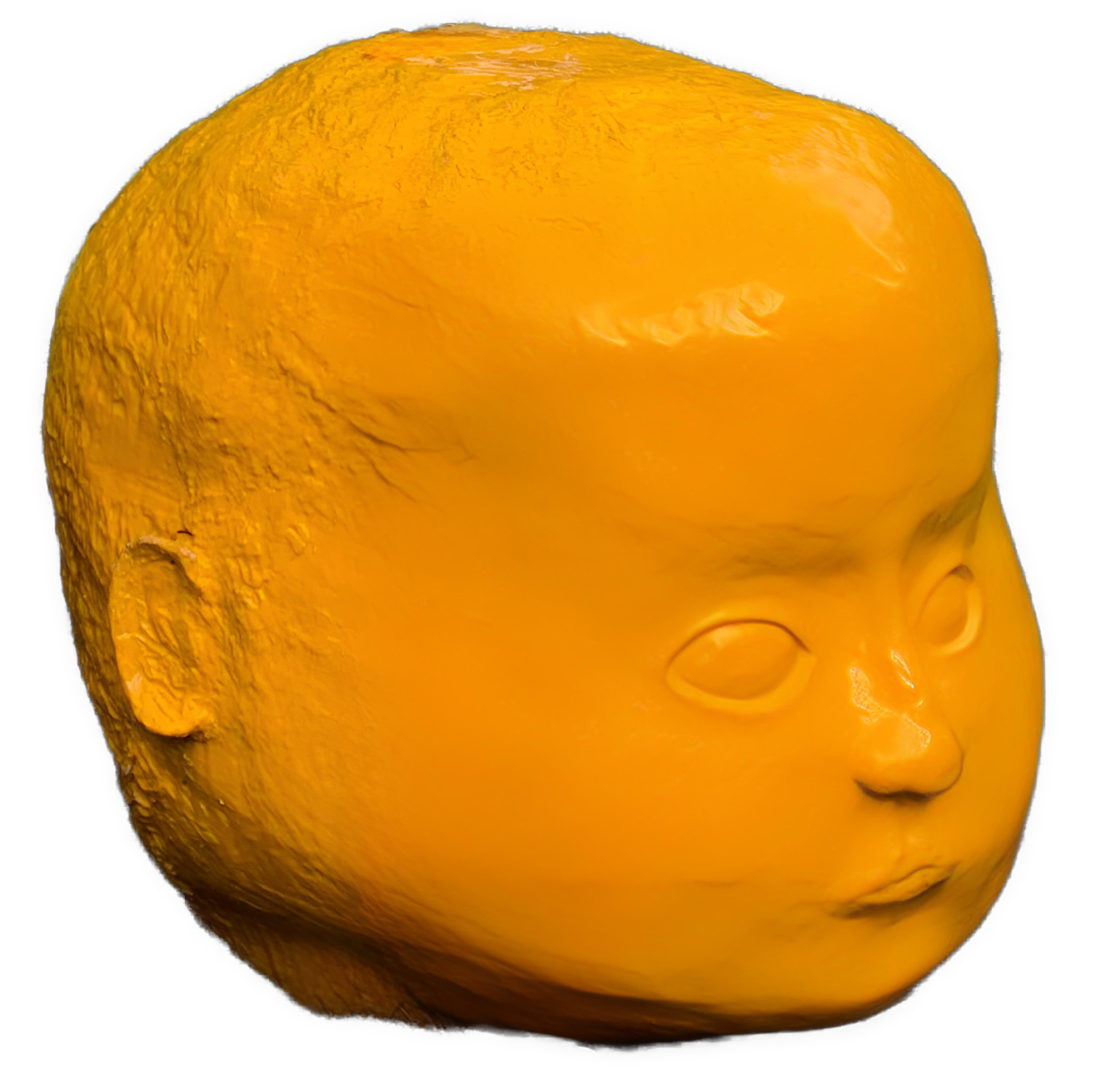 An enhanced photographic cutout of a big yellow young clay head from the side is used as a bullet point.