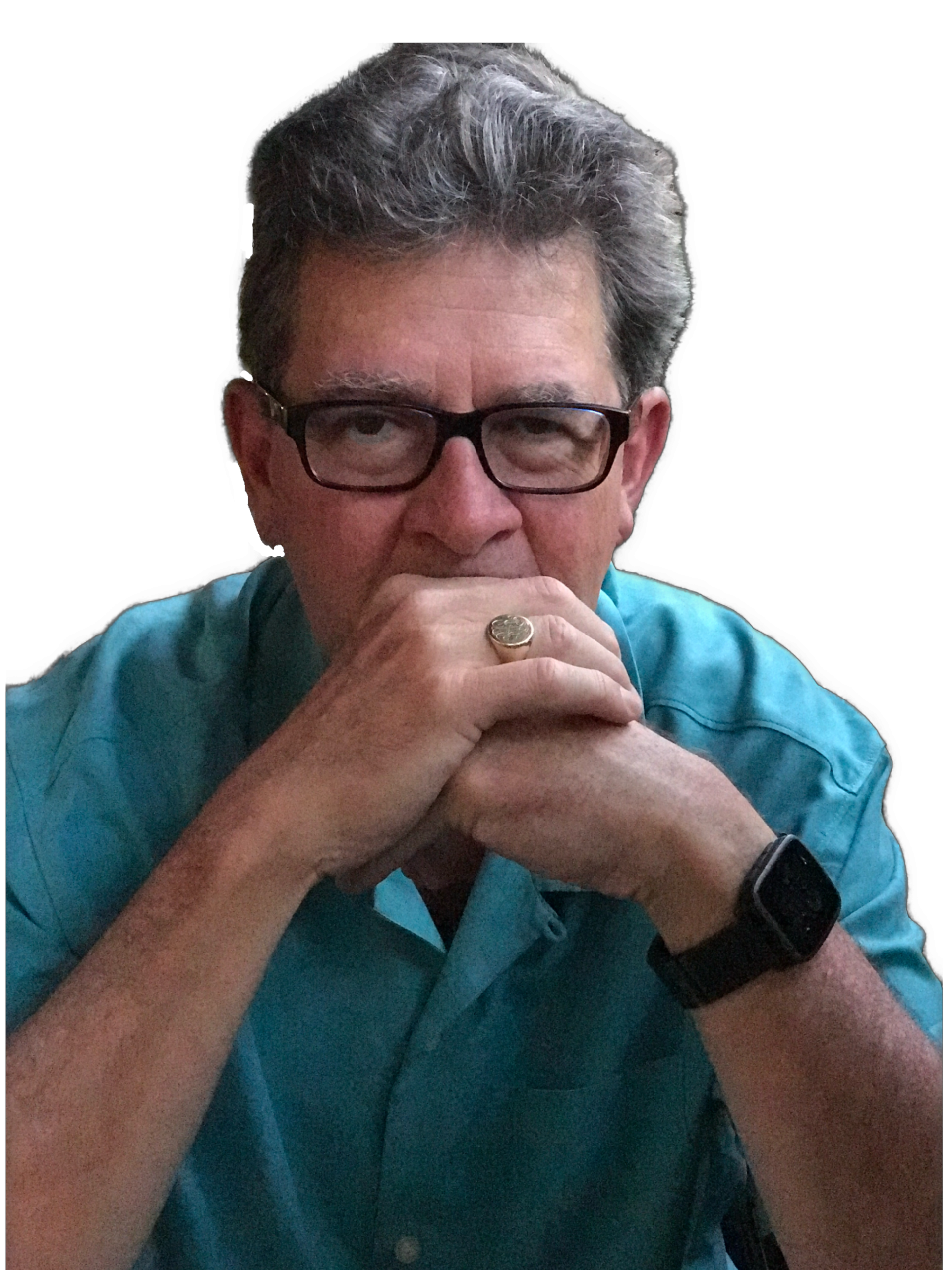 An enhanced photographic cutout of Dr. David C. Ring wearing glasses and a blue shirt, with his arms bent at the elbows, hands clasped in front of his mouth, a gold ring on his right hand, and a black watch on his left wrist is used to identify him visually.