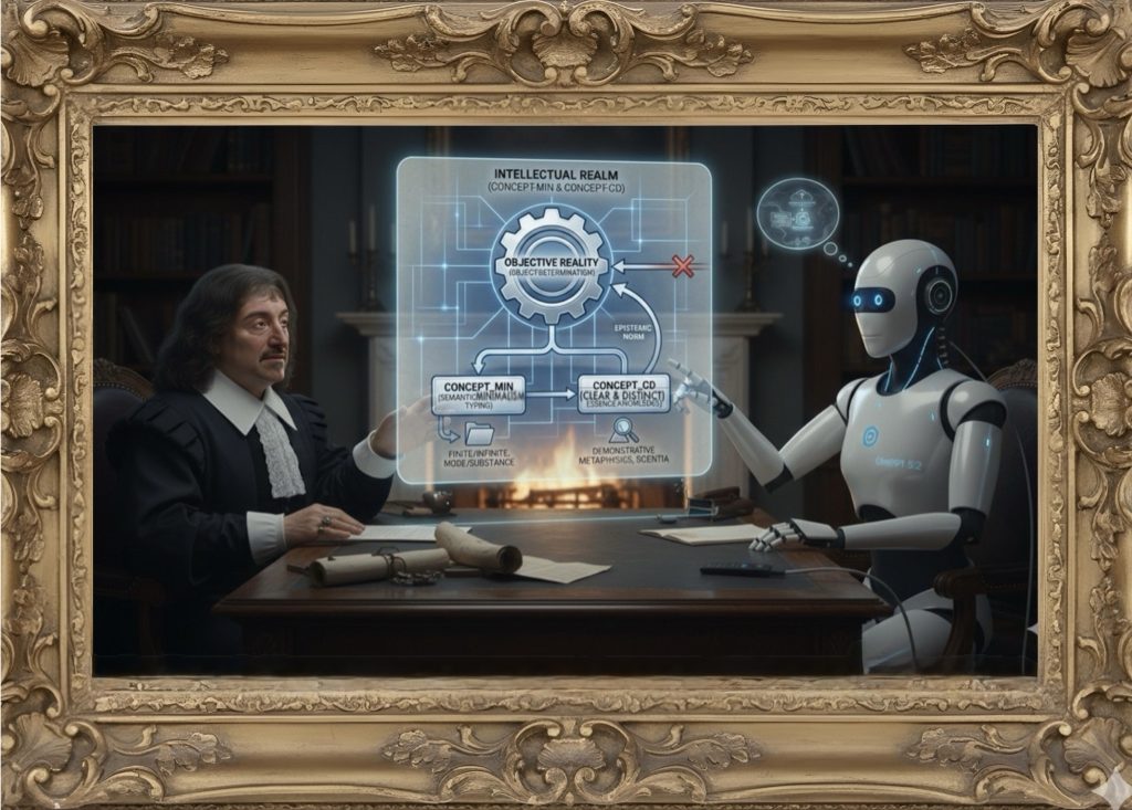 An AI-generated image by Nano Banana Pro of a 17th-century framed portrait of René Descartes on the left, with a gray android sitting on the right, discussing a graphic of the Intellectual Realm projected above the table between them, is used as a featured image.