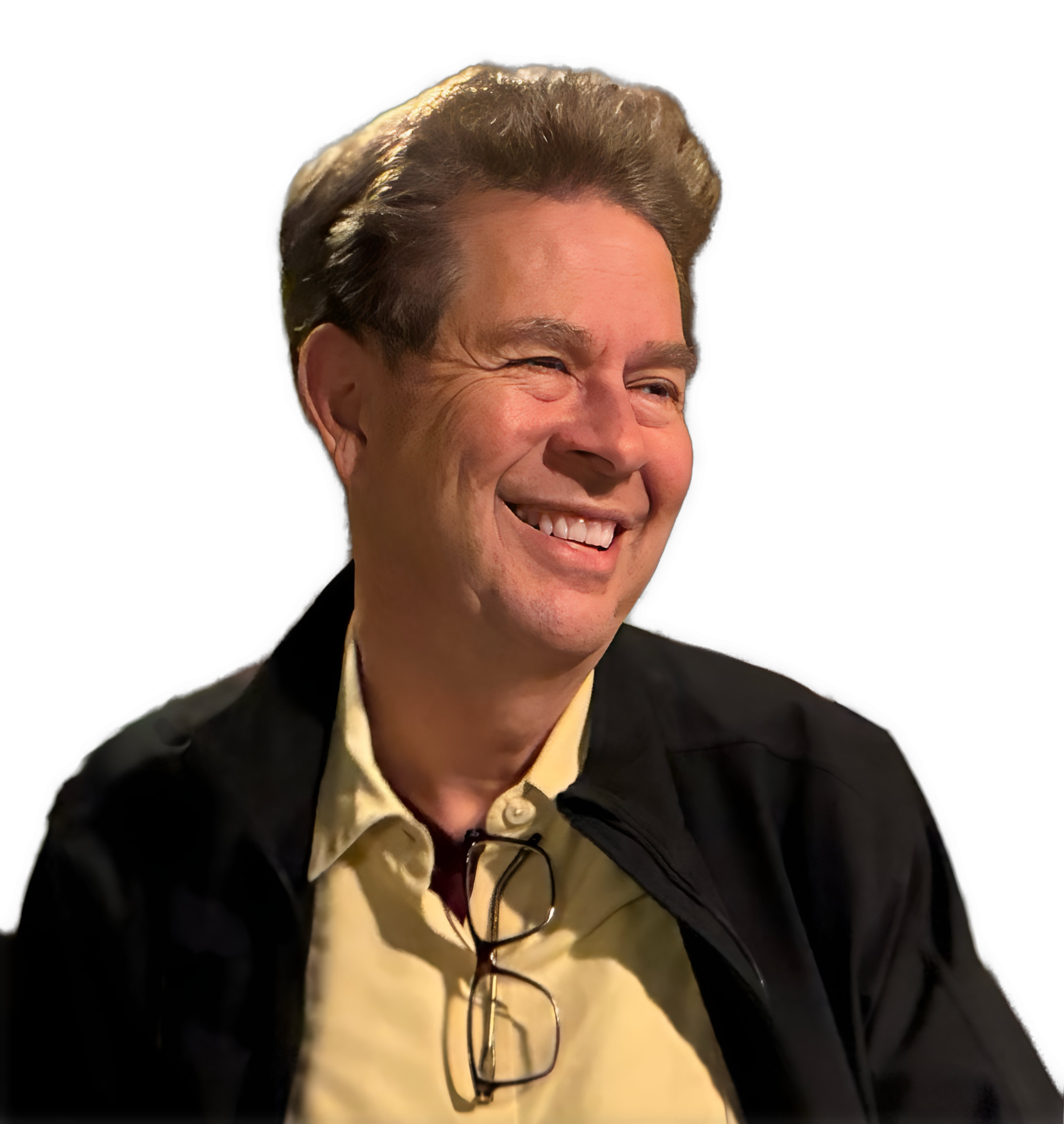 An enhanced photographic cutout of Dr. David C. Ring, not wearing glasses, hanging from his collar, with his yellow shirt under a black jacket, is used to identify him visually.
