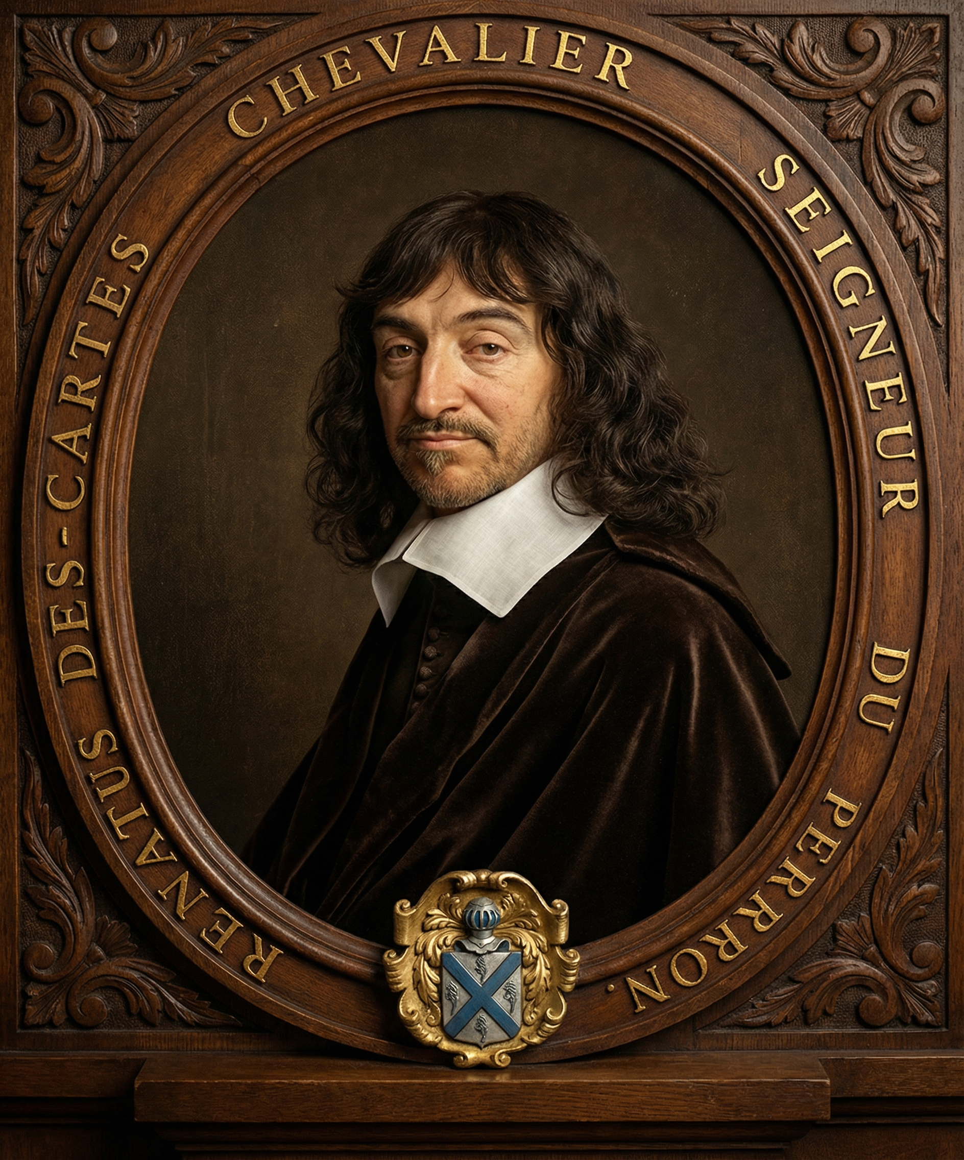 A colorized portrait of René Descartes inside an oval frame, with him turned to his left and facing the viewer, wearing a broad white collar and a dark brown blouse.