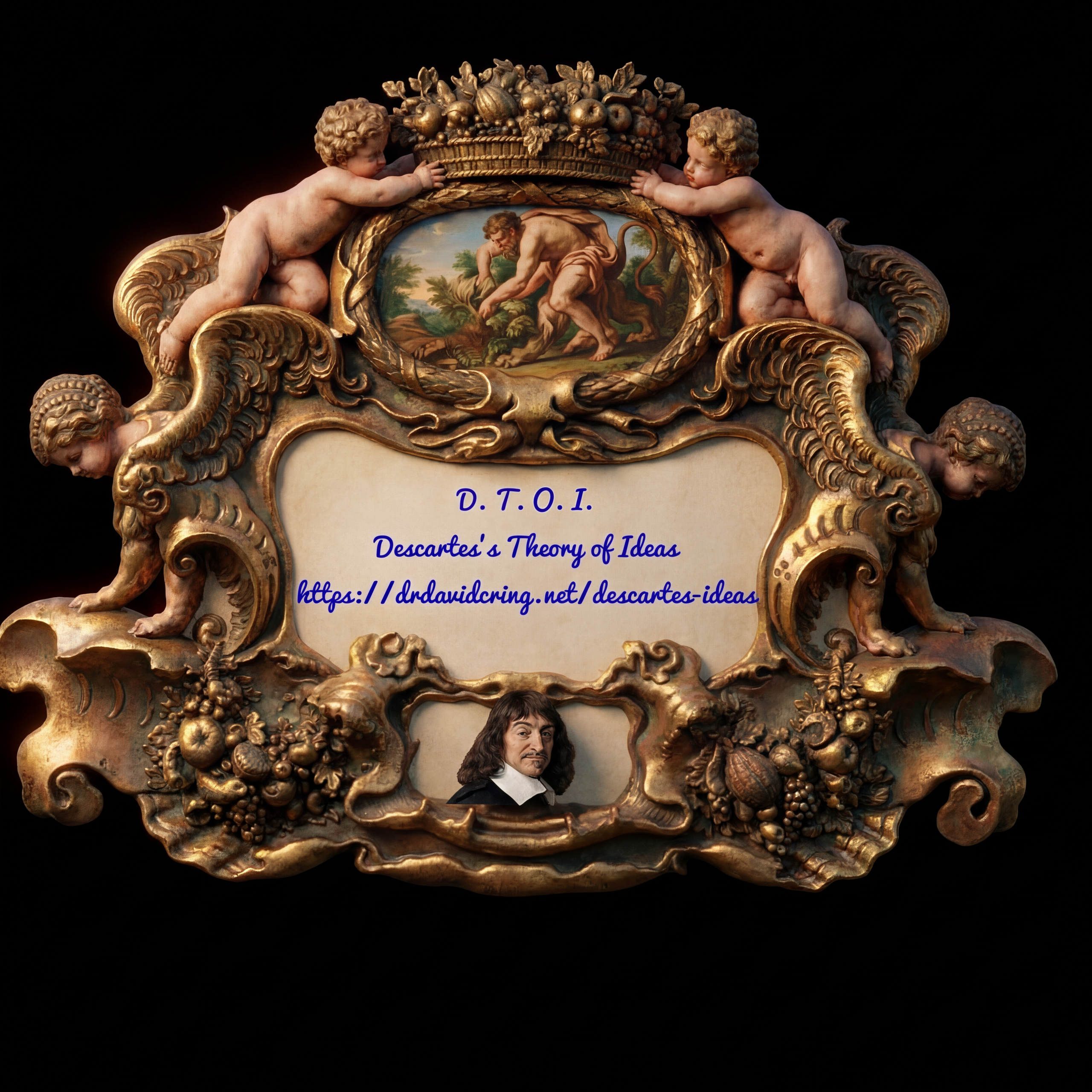 An enhanced colorized drawing of a 17th century gold wooden scrolly book plate with cherubs at the top on either side with a central message in blue of D.T.O.I. over “Descartes’s Theory of Ideas” and the DTOI URL underneath both and a drawing of Descartes centered under all is used as a divider.