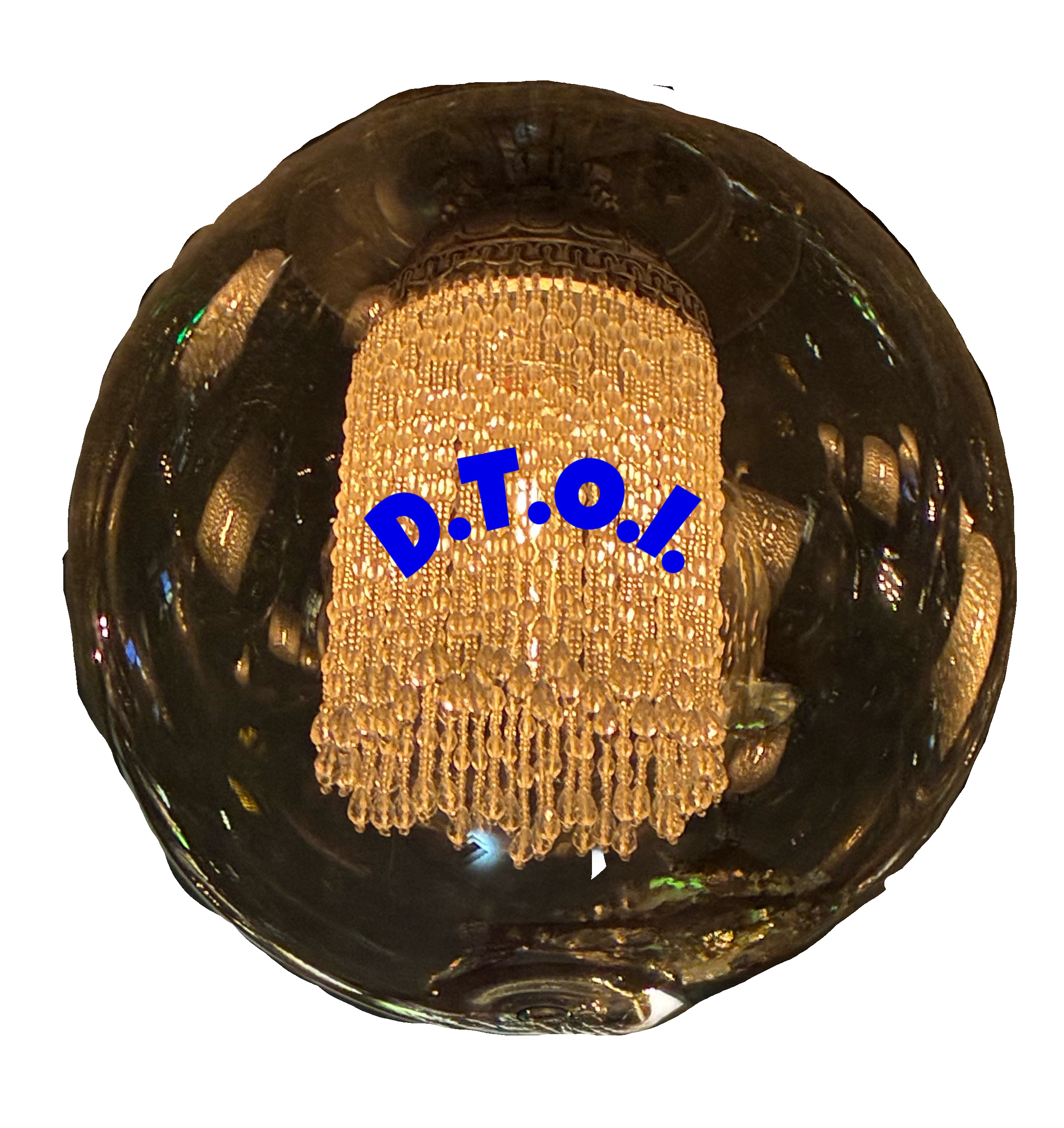 An enhanced photographic cutout of a dark-brown, translucent glass globe containing a centered chandelier of yellow-tan hanging beads, with a curved downward “D.T.O.I.” centered over it in blue font, is used as a bullet point.