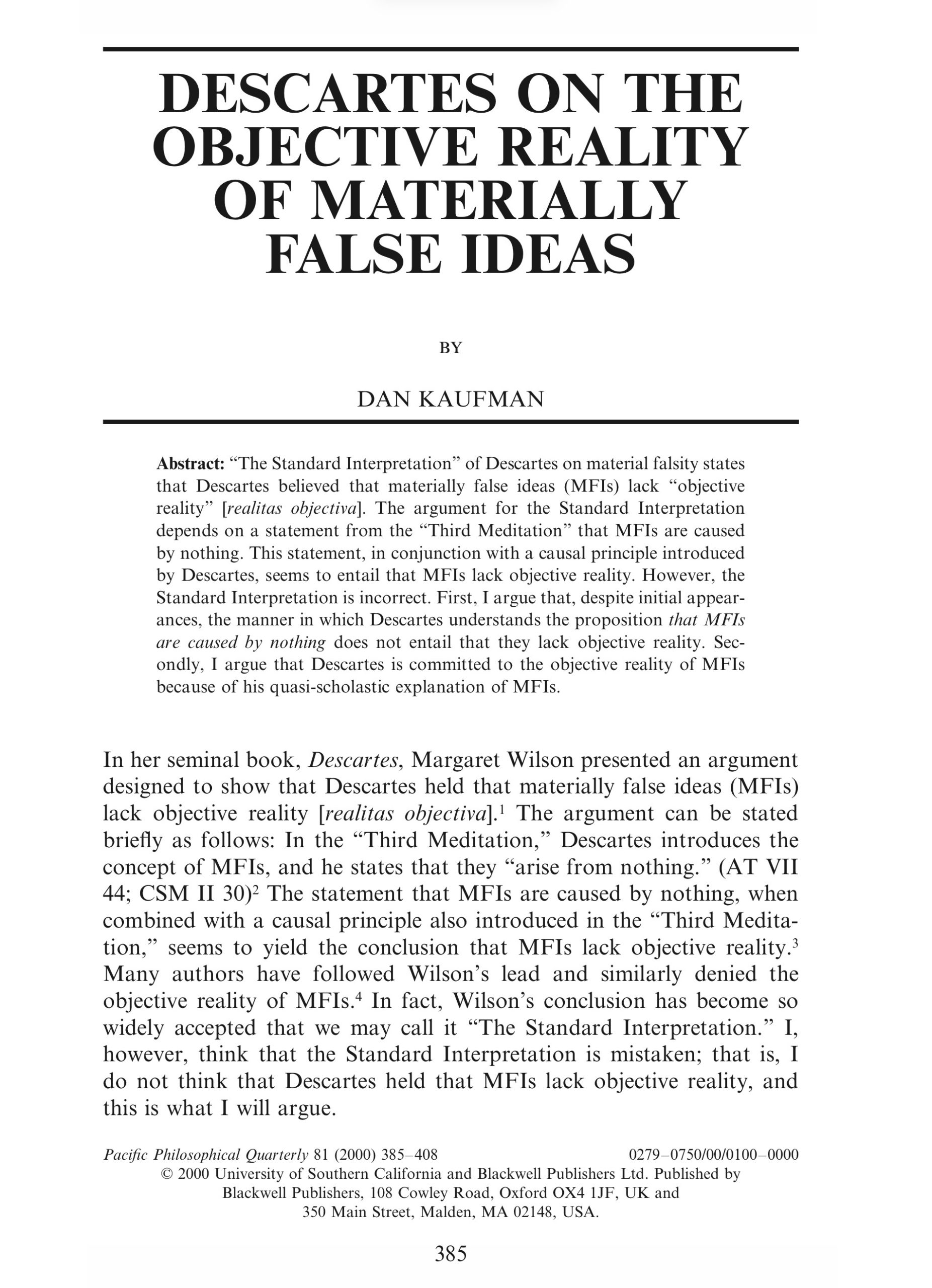 The first page of Dan Kaufman’s “Descartes on the Material Falsity of Ideas” (2000) is used to visually identify it.