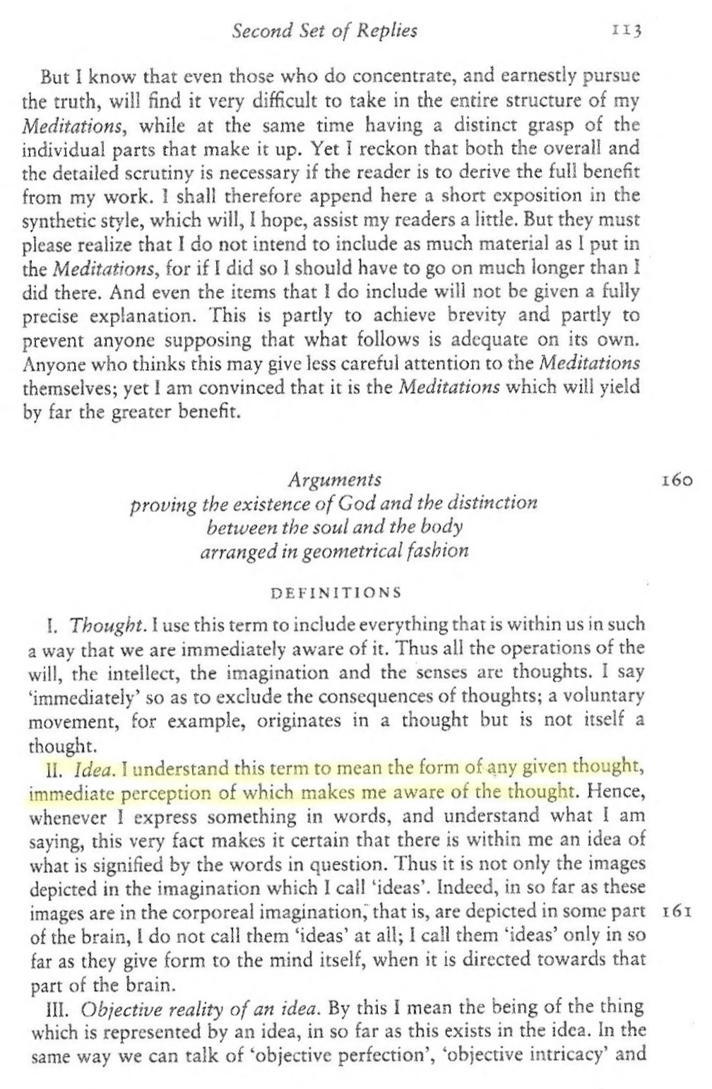A screenshot of a page from Descartes’s Second Set of Replies presents his formal definition of “Idea,” emphasizing that he means by it the form of any thought by which we are immediately aware of it, and not merely images formed in the corporeal imagination.