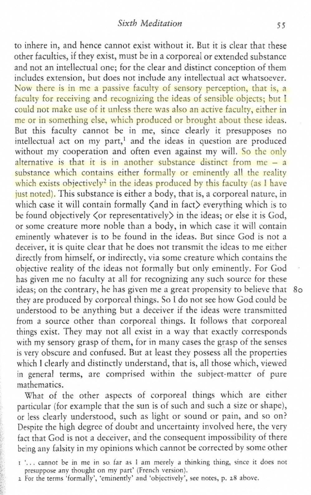 A screenshot of page 55 from Descartes’ Sixth Meditation presents his argument that the passive faculty of sensory perception requires an active cause outside the mind. Since God is not a deceiver, this cause must be corporeal things existing in the external world.