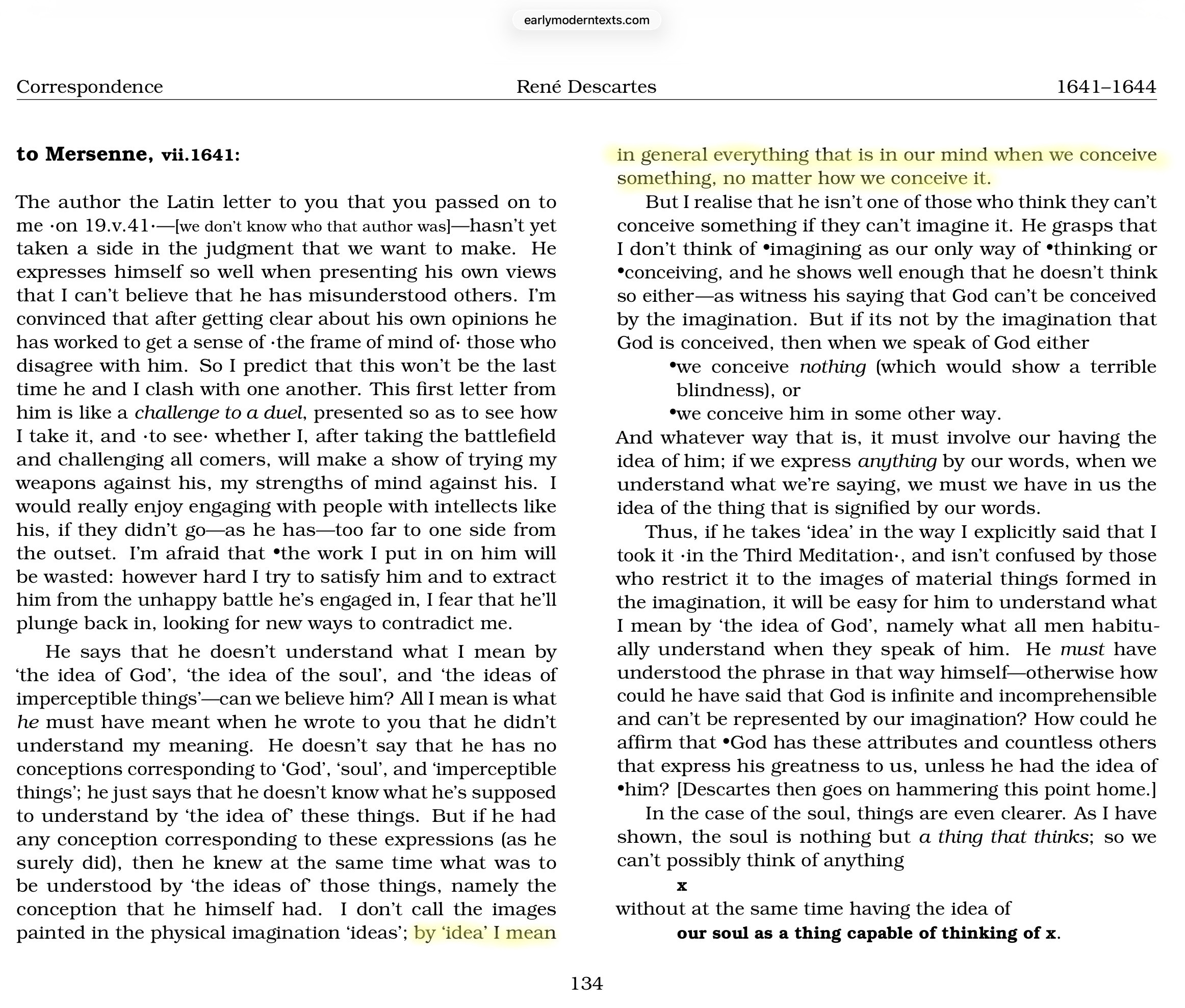 A page from René Descartes’ July 1641 letter to Mersenne (from earlymoderntexts.com) shows him clarifying his broad use of the word “idea” to mean everything present in the mind when conceiving something, with key passages highlighted.