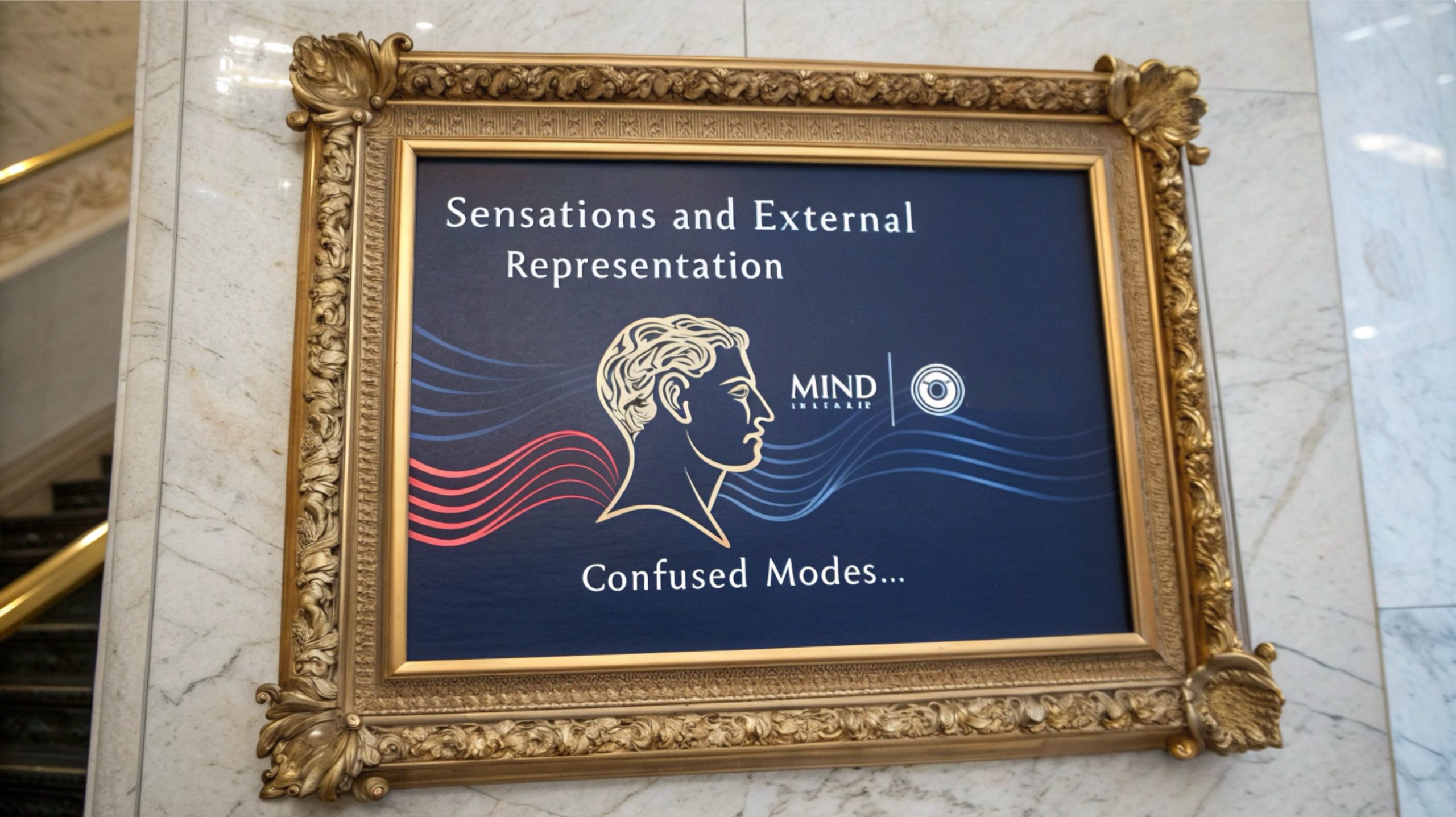 An AI-generated graphic by Recraft under ChatGPT 5.2 of an ornately gold-framed sign with the words “Sensations and External Representation” hanging on a white marble wall, with gold bannisters leading up a set of stairs on the left.