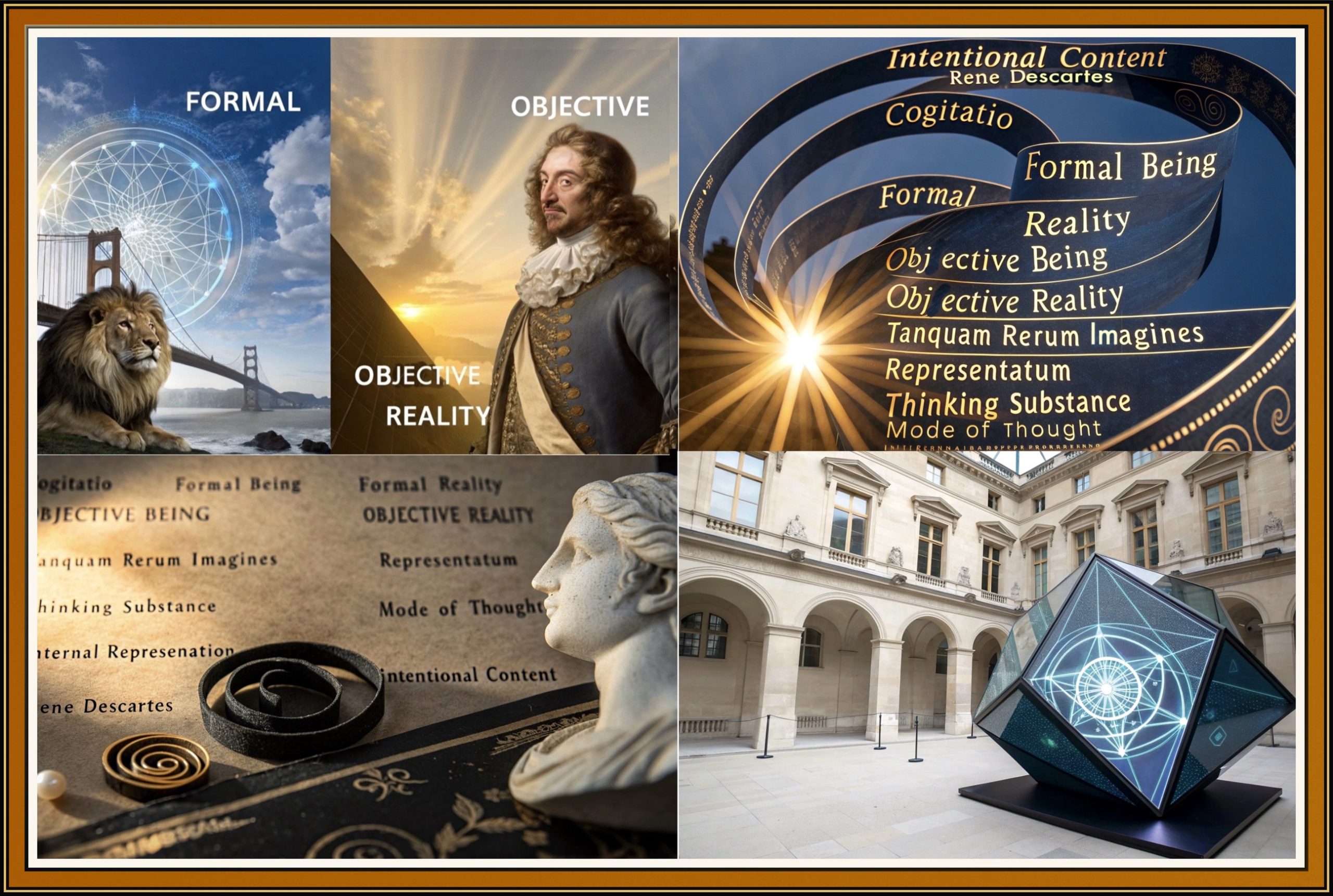 Four panels AI-generated by three AI models, including ChatGPT and Claude Sonnet 4.5, in a quad format collage, representative of the objective reality of ideas in DTOI. 