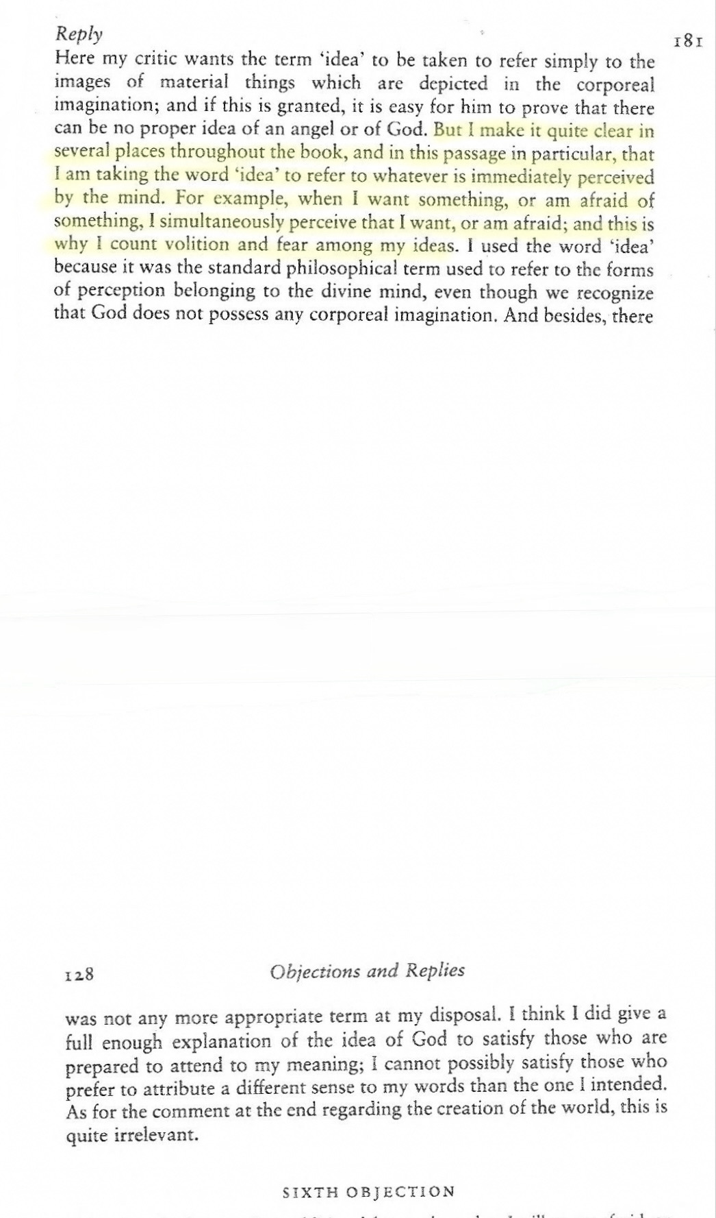 A screenshot page from Descartes’ reply to the Sixth Objections shows him defending his broad use of the term “idea,” clarifying that it refers to whatever is immediately perceived by the mind, including not only images but also volitions and emotions such as wanting or fearing.