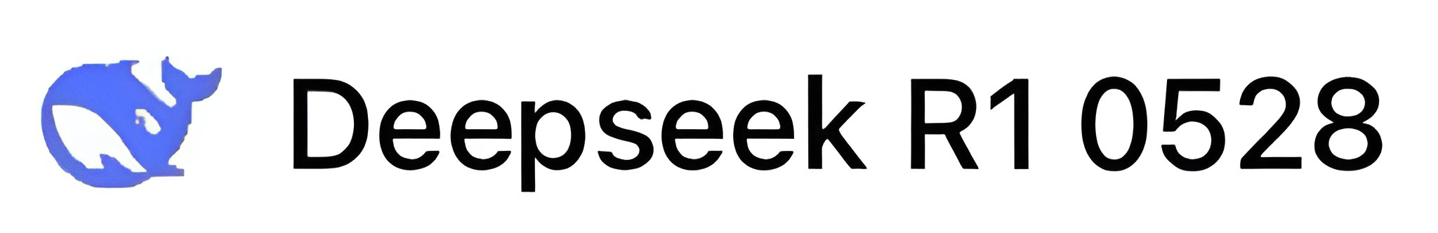 An enhanced logo for Deepseek R1 0528 of a blue whale facing left with Deepseek R1 0528 to the right in black font on a white background is used to identify the AI model.