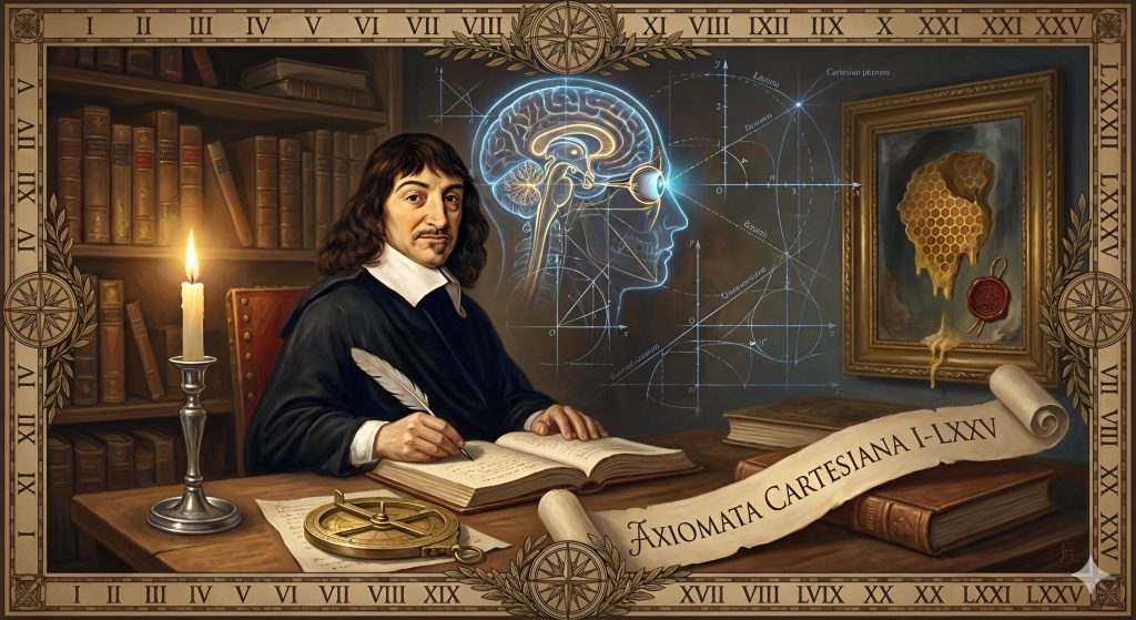 A frame containing Roman numerals one through seventy-five igeberated by Nano Banana Pro of a hyperrealistic Descartes sitting behind a desk in his library holding a quill pen in his right hand (viewer’s left) and in the middle is a translucent head and brain in right profile with an open scroll on the right side of the desk with “Axiomata Cartesiana I–LXXV is used as a featured image.