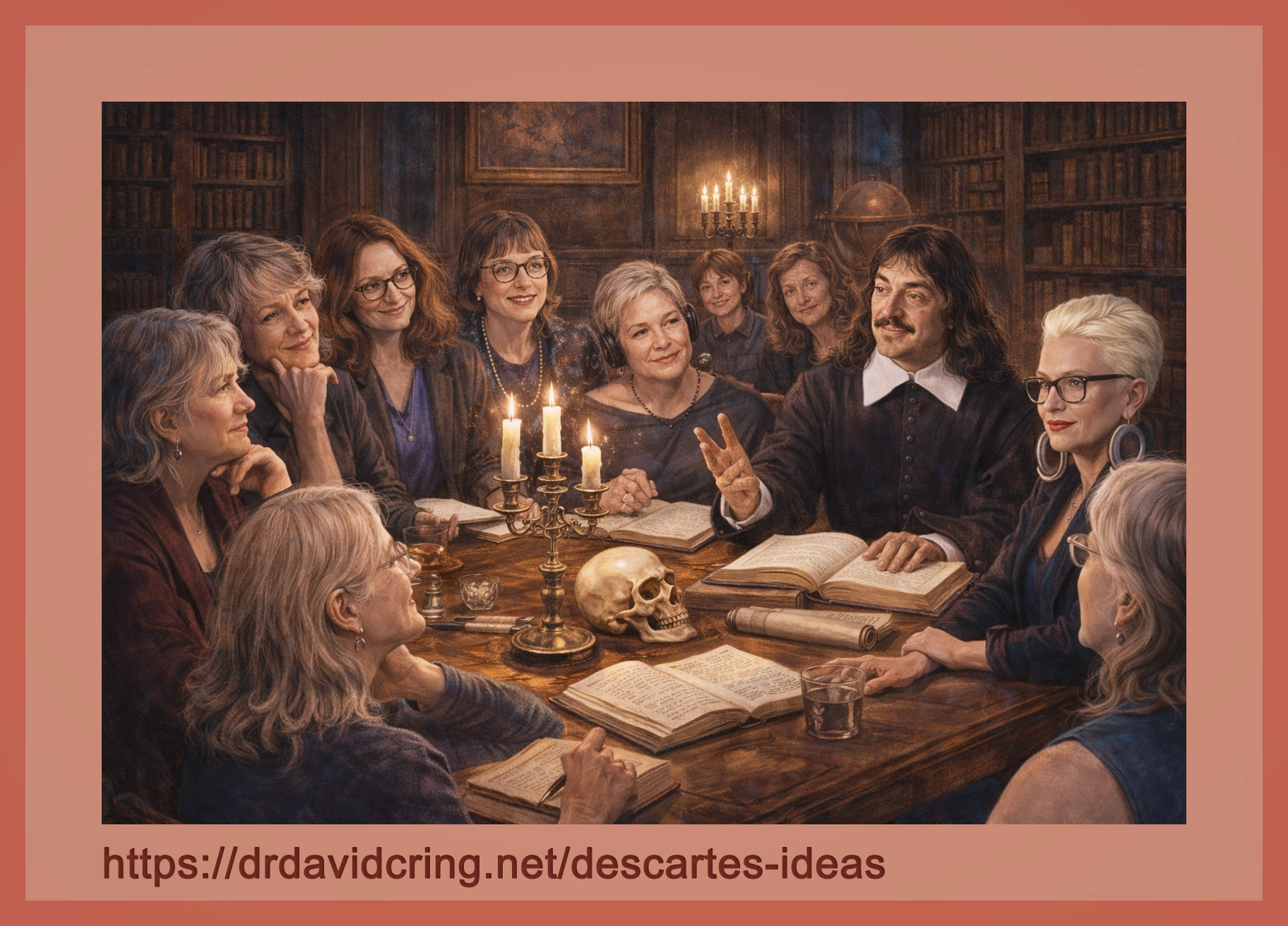 A thin darker frame with an inner wide frame of an AI-generated image of ten female drawings where some are of actual Cartesian commentators surrounding René Descartes at the right back corner of a table, with the DTOI URL at the bottom left of the bottom frame.