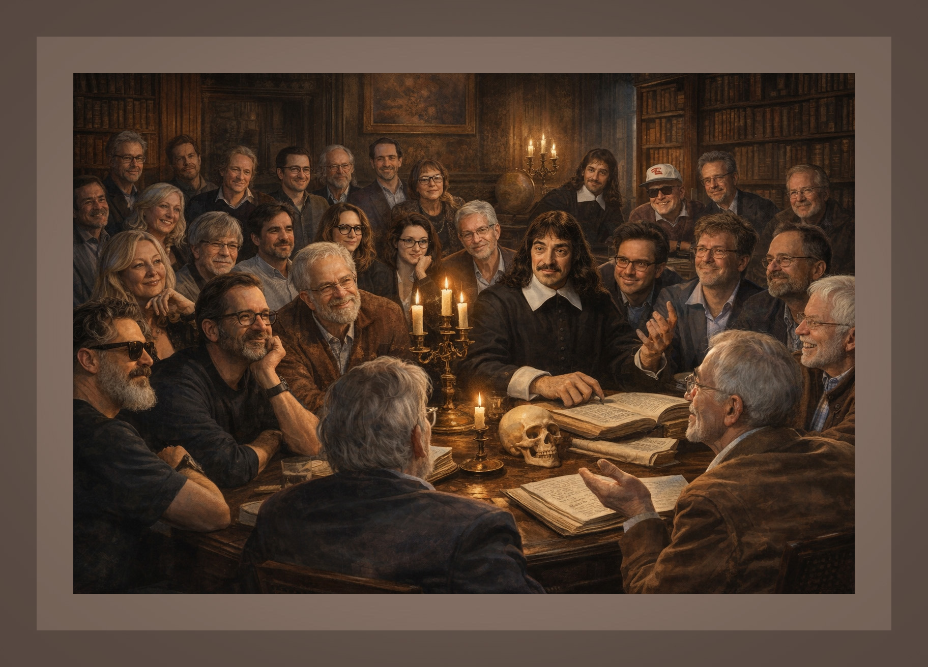 A darker gray with a lighter, wider gray frame of an AI-generated image of a darkened room with 28 drawings of Cartesian commentators surrounding René Descartes at the right back corner of a table.