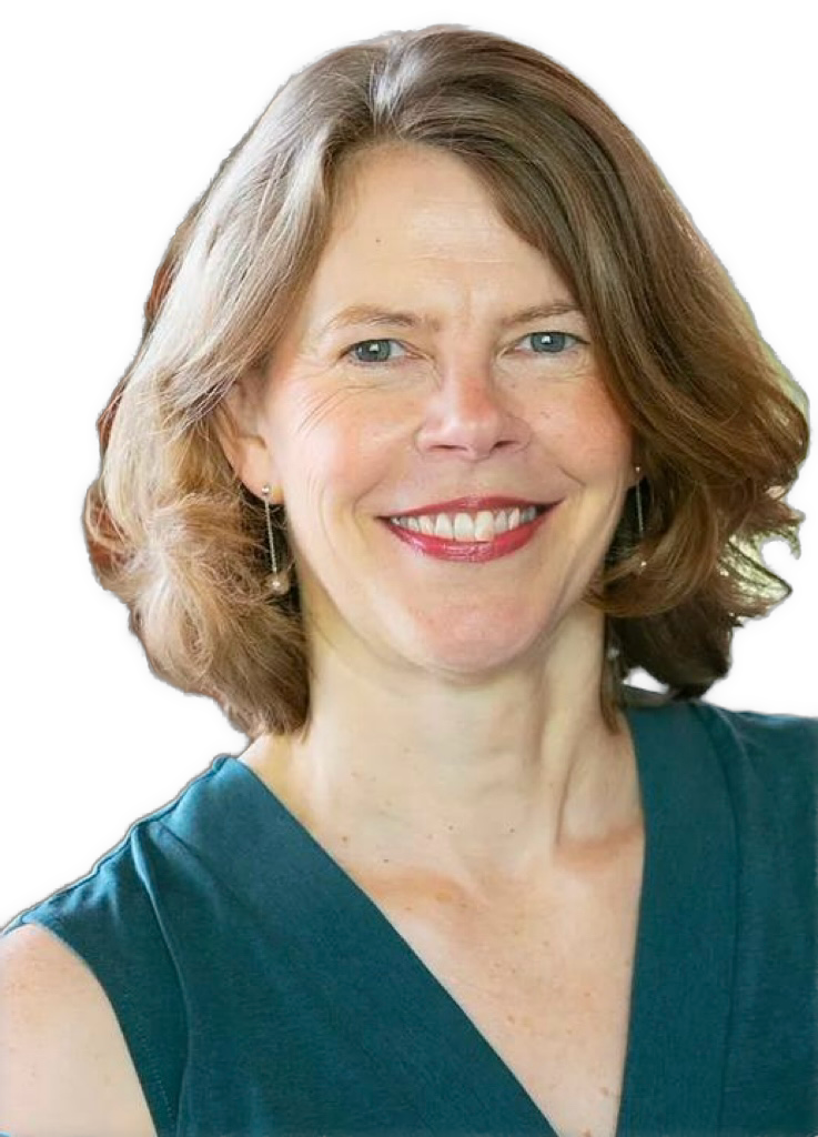 A reversed color photographic headshot cutout of a smiling Alison Simmons wearing an open-v-neck blue blouse with dangling earrings ending in a pearl is used for visual identification.
