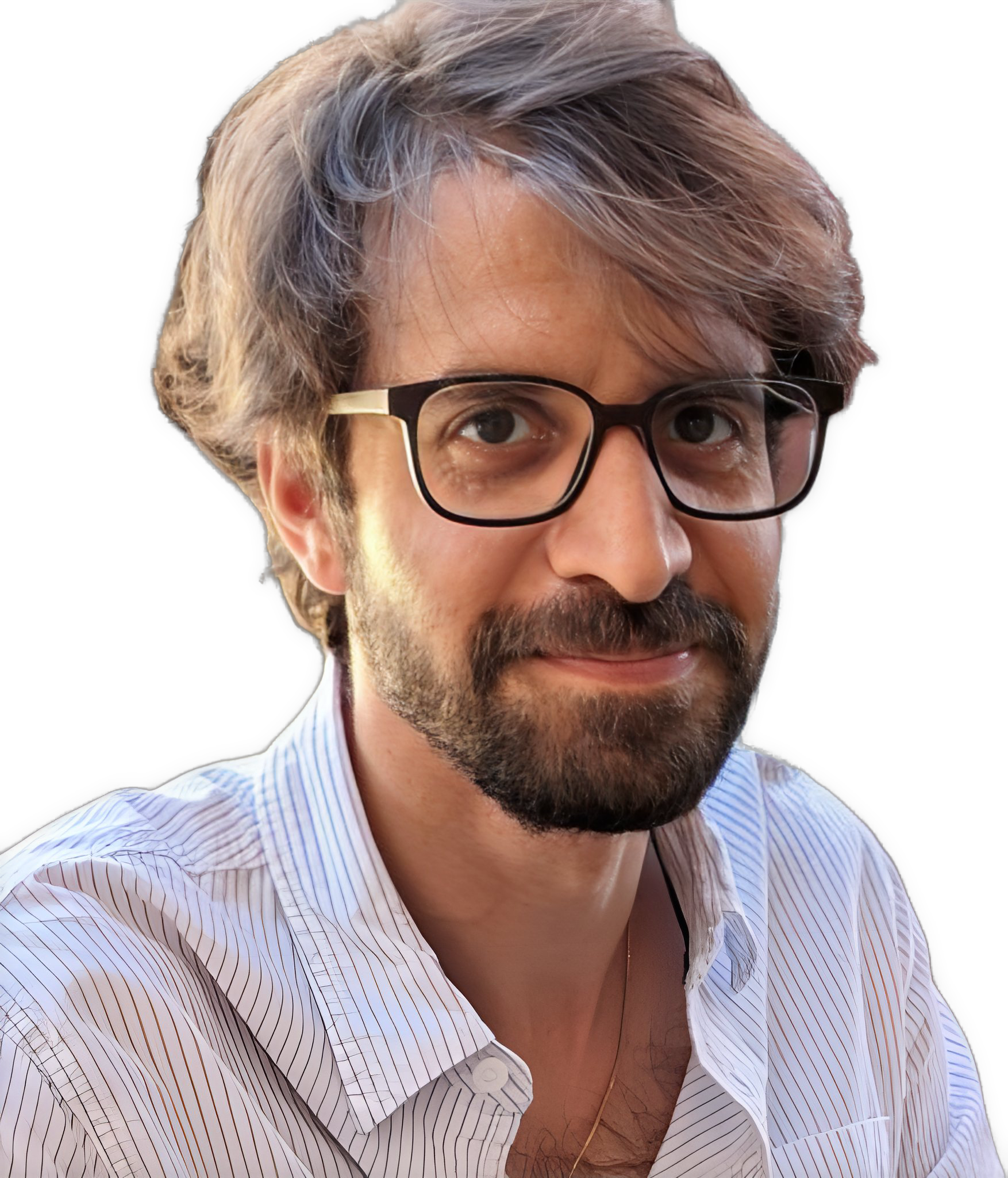 An enhanced photographic cutout of Obero Marrama, wearing glasses and a white-collared shirt, looking at the viewer, turning his head to the right, with his left shoulder turned back, is used to identify him visually.
