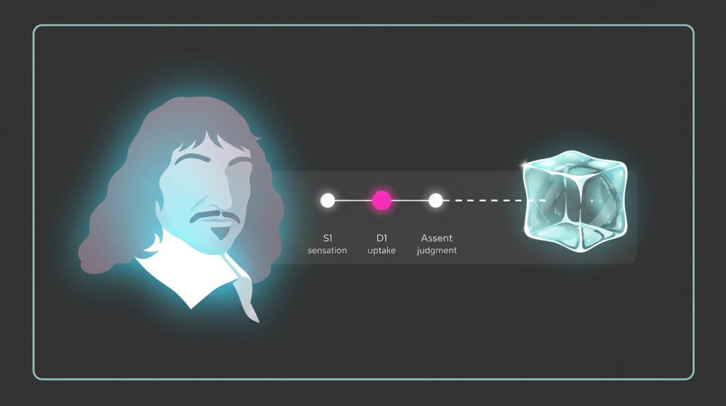 A light blue thin line framed AI-generated image by Nano Banana Pro of a diagram of S1-D1-Assent, with a drawing of René Descartes on the left, and an ice cube on the right, is used as a featured image