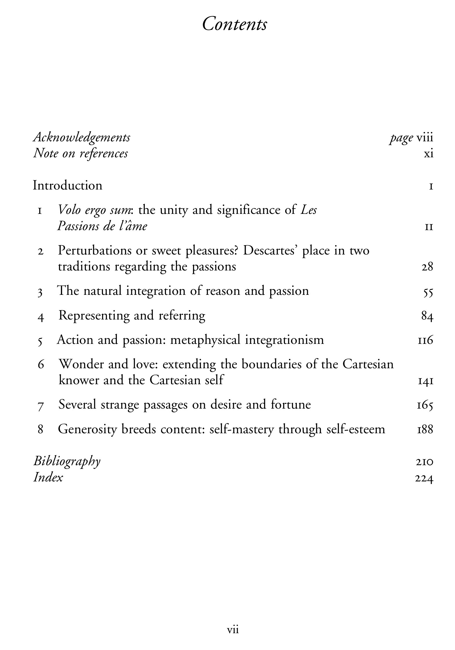 The Table of Contents for Descartes and the Passionate Mind (2006) by Deborah Brown.