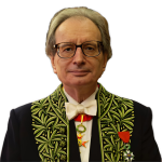 An enhanced photographic cutout of Jean Luc Marion, wearing glasses and looking straight ahead, in full regalia with green floral leaf lapels, a white bow tie, and a red handkerchief on his left breast, is used for visual identification.