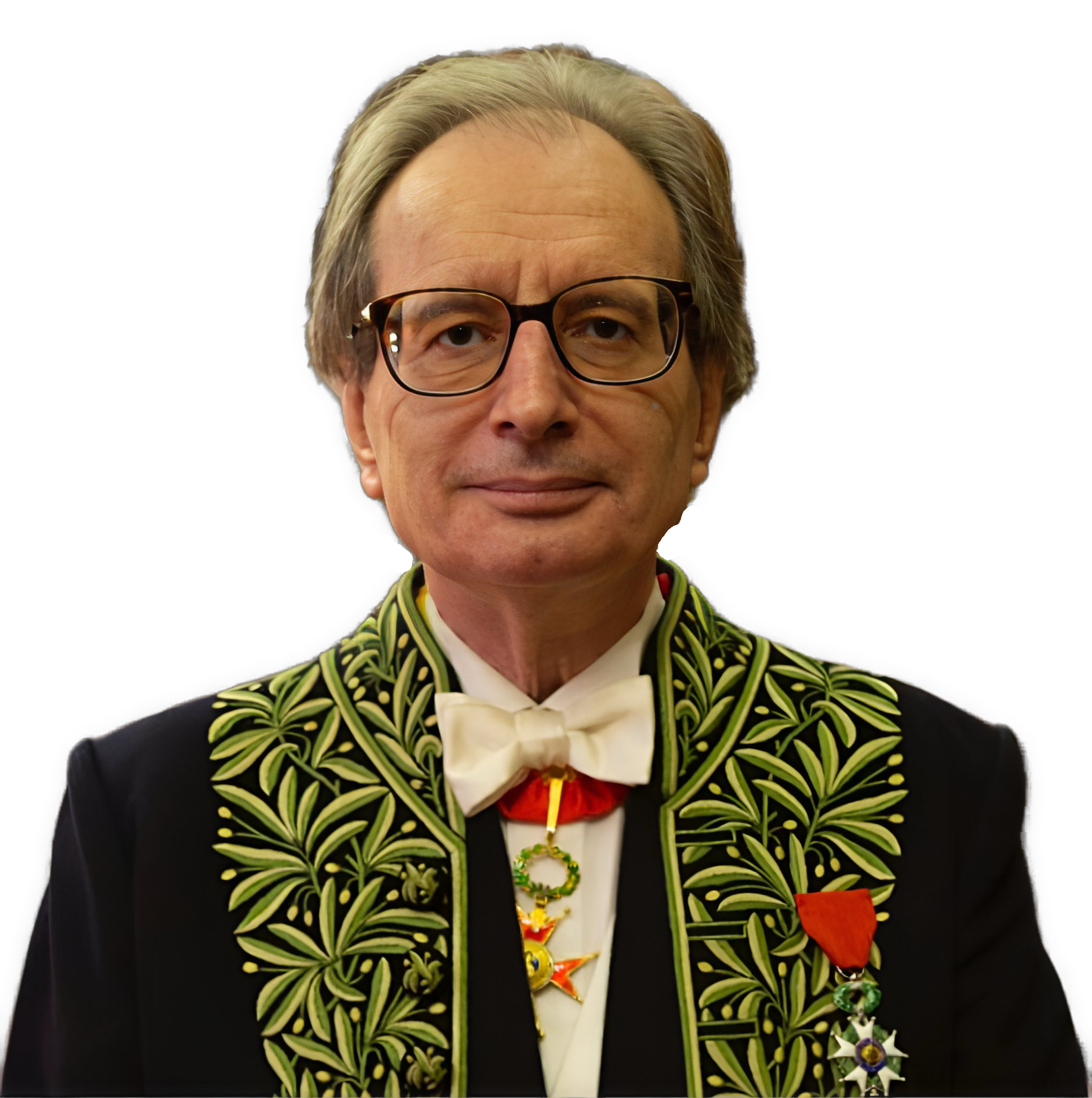 An enhanced photographic cutout of Jean Luc Marion, wearing glasses and looking straight ahead, in full regalia with green floral leaf lapels, a white bow tie, and a red handkerchief on his left breast, is used for visual identification.