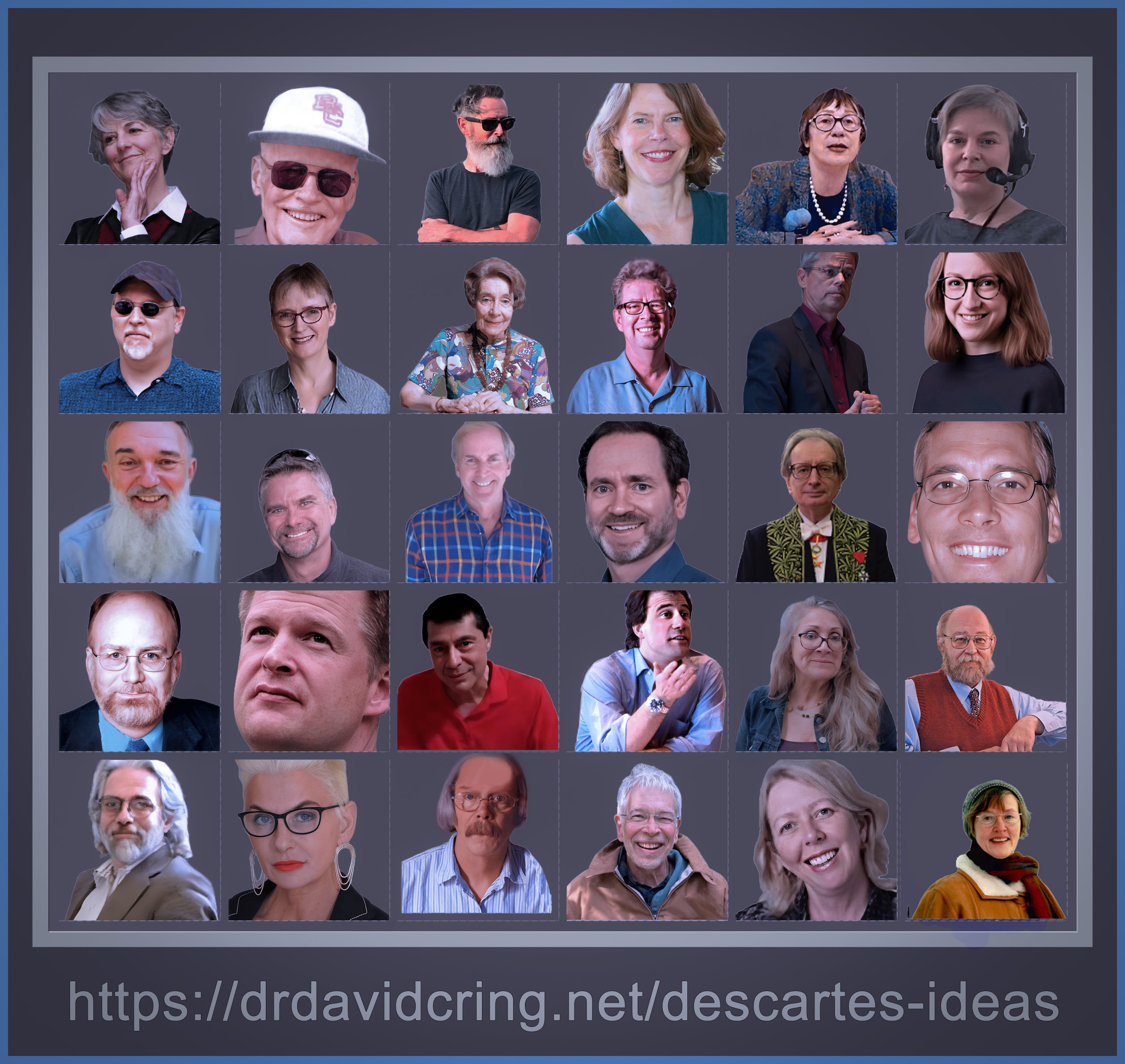 A dark gray outer with a thinner, lighter gray inner frame of 30 actual photos of Cartesian commentators on a dark grayish-blue background.