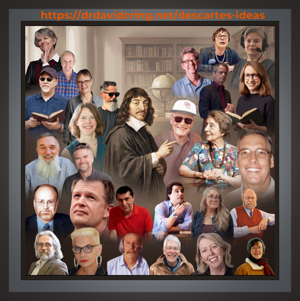 A dark-gray-framed collage of actual photos of twenty-eight Cartesian commentators, with René Descartes centered left, is used as a featured image.