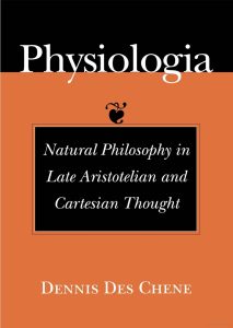 The orange and black book cover for Physiologia by Dennis Des Chene is used for visual identification.