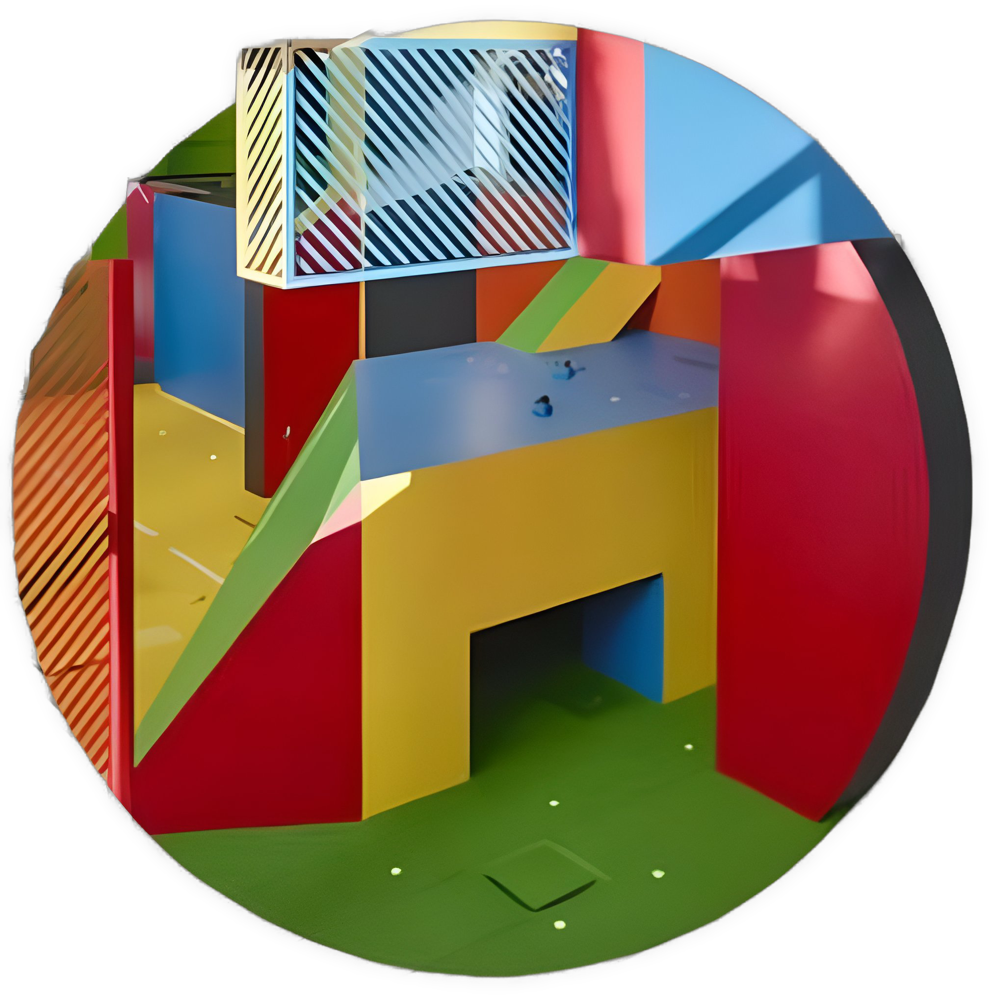 A round photographic cutout of a modern 3D abstract sculptural art piece with red, yellow, green, and blues is used as a bullet point.