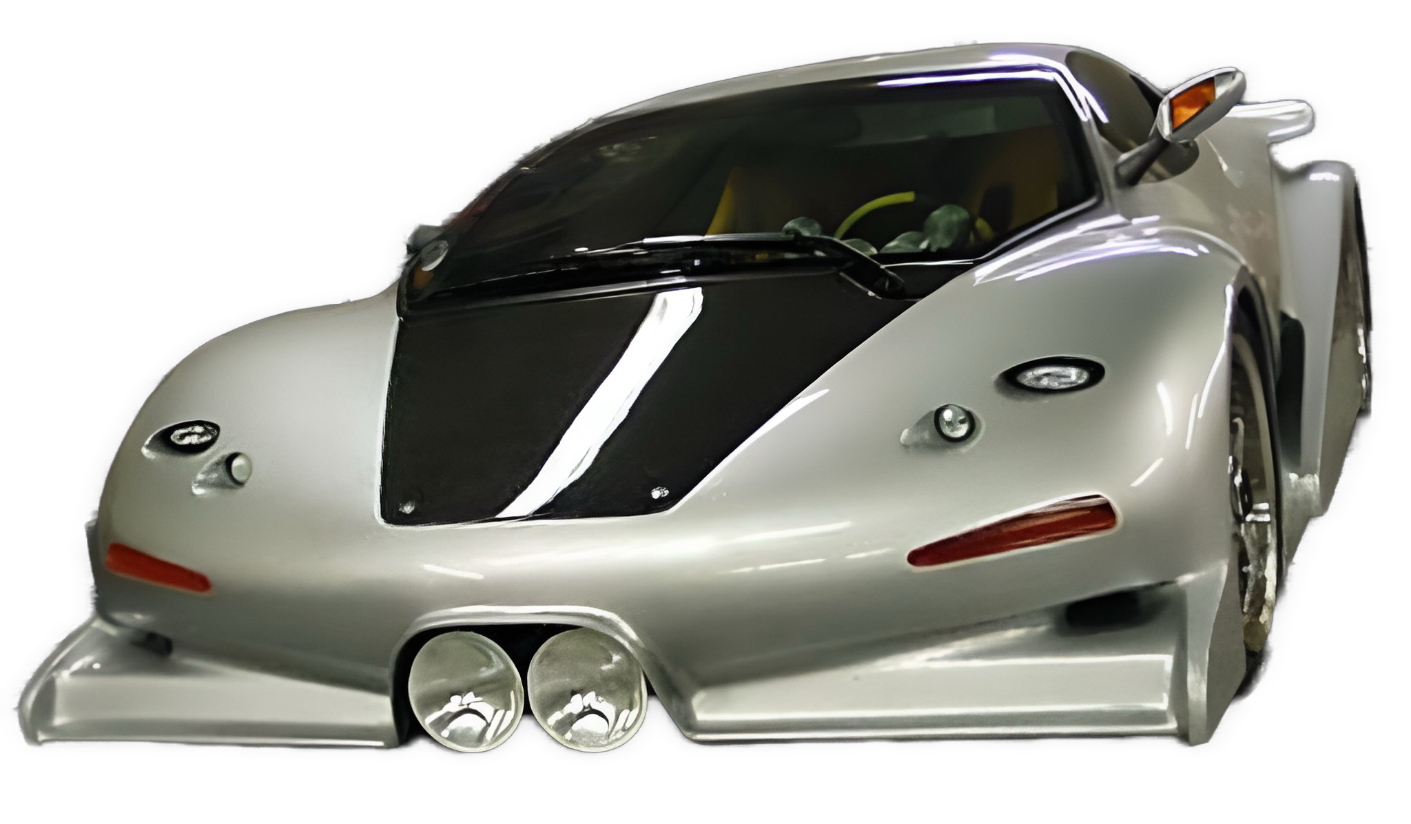 An enhanced photographic cutout of a modern silver-white supercar with a black hood, driving straight ahead with two headlights centered, is used as a bullet point.