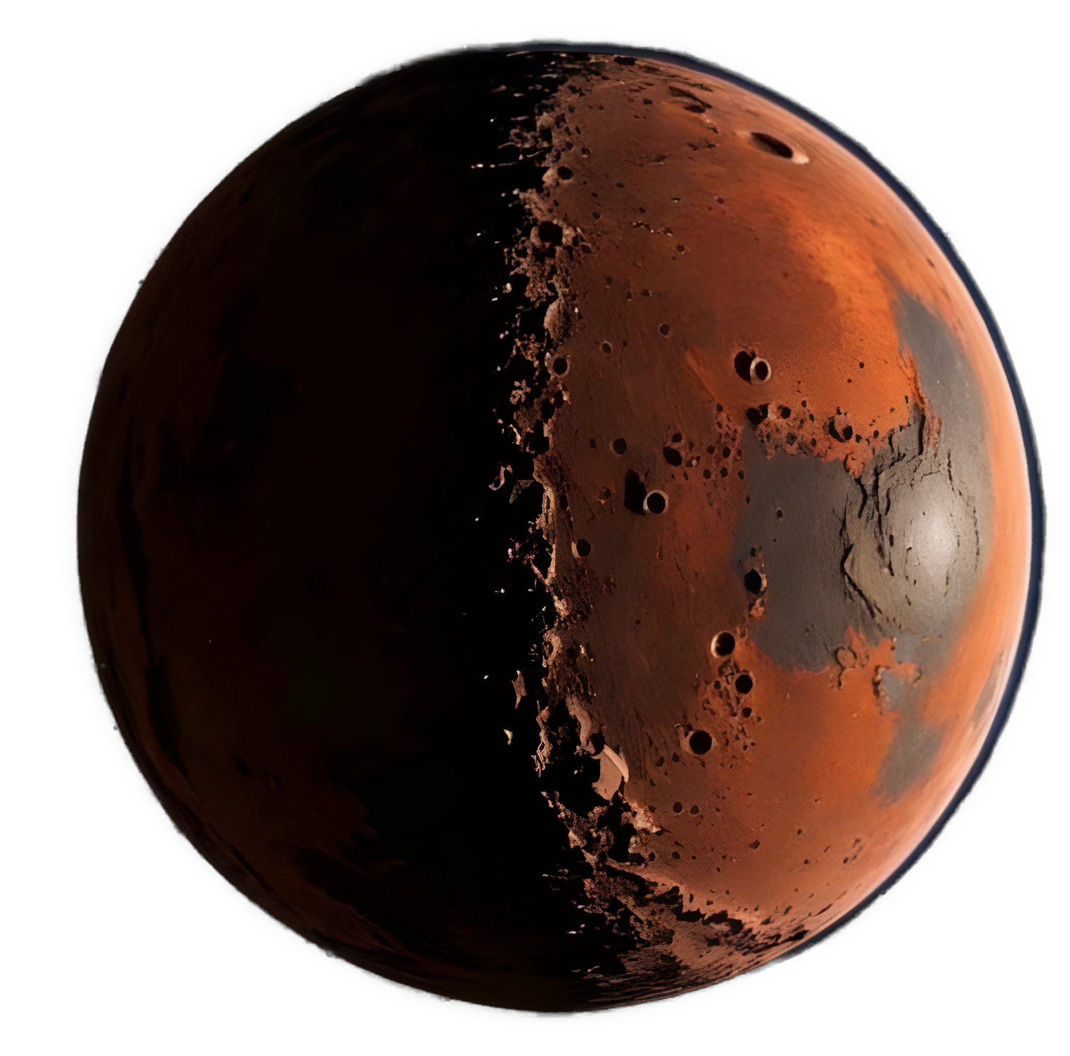 An enhanced photographic cutout of a cratered orange moon of a planet with the left half in shadow is used as a bullet point.