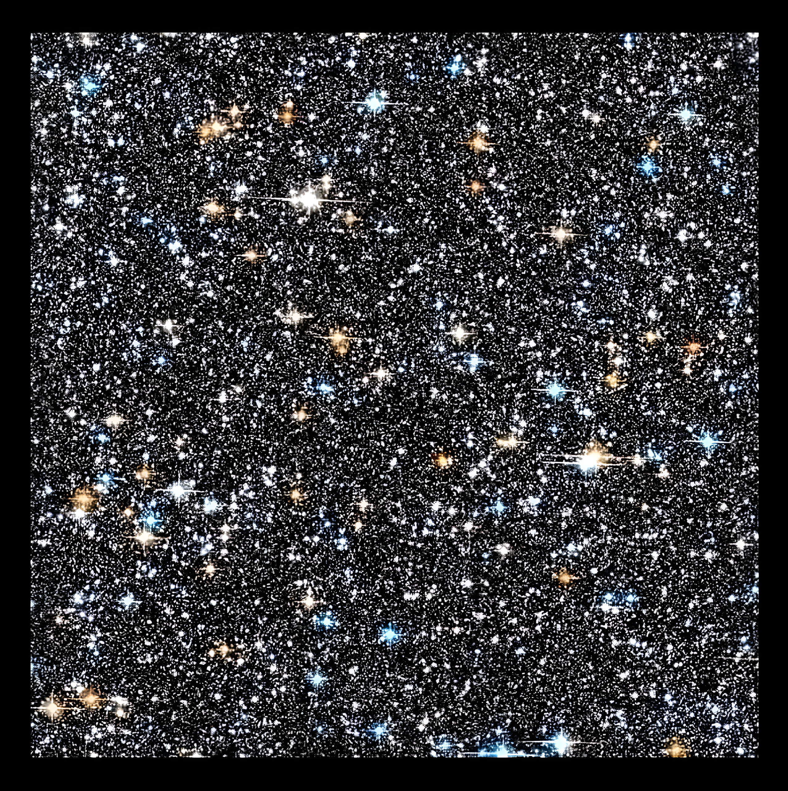 A square photograph, surrounded by a black frame, shows billions of galaxies in white, yellow, and blue, and is used as a bullet point.